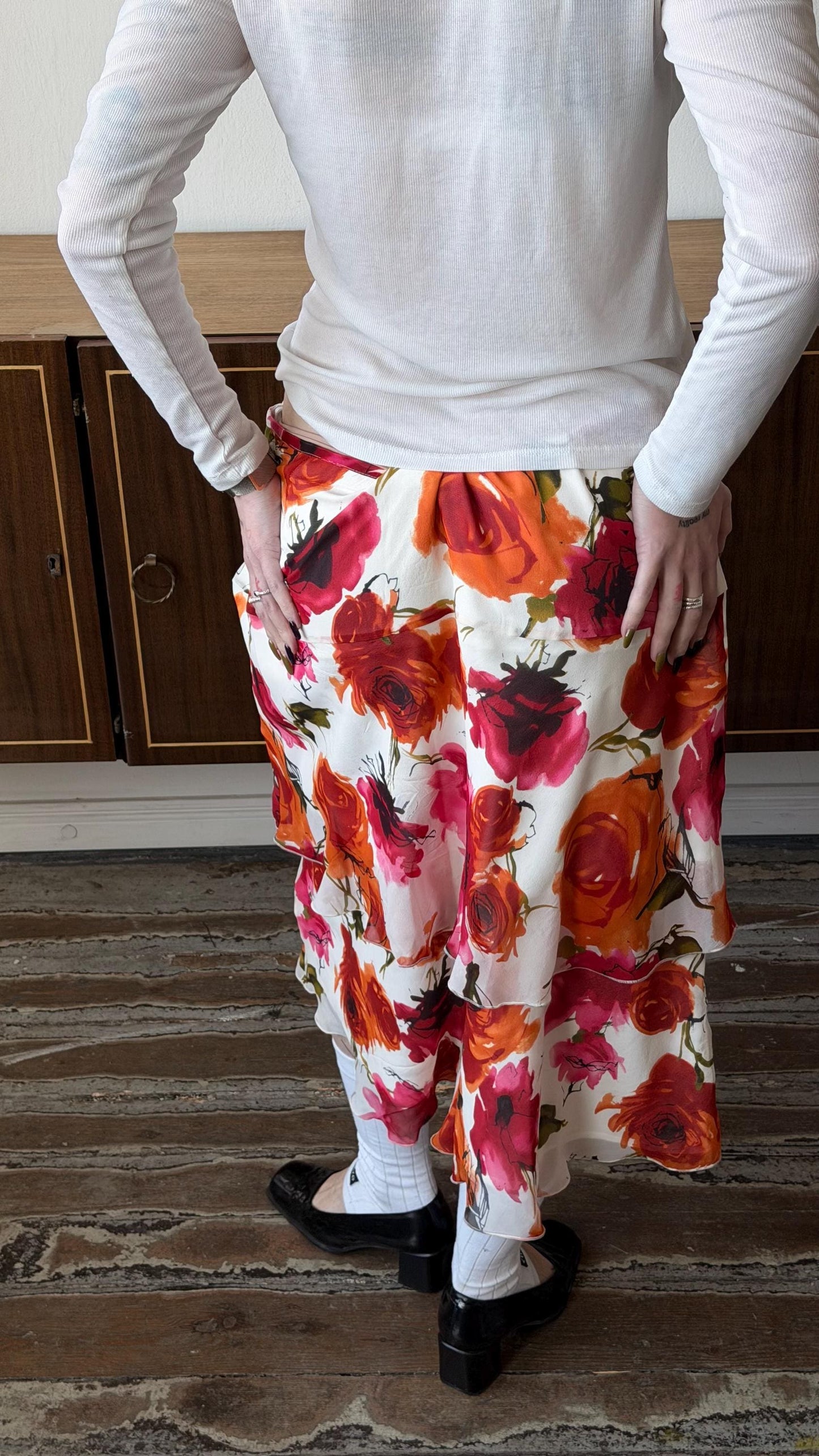 Vintage Marella Silk Floral Midi Skirt, Y2K Italian Bias Cut Slip Skirt (L/XL)