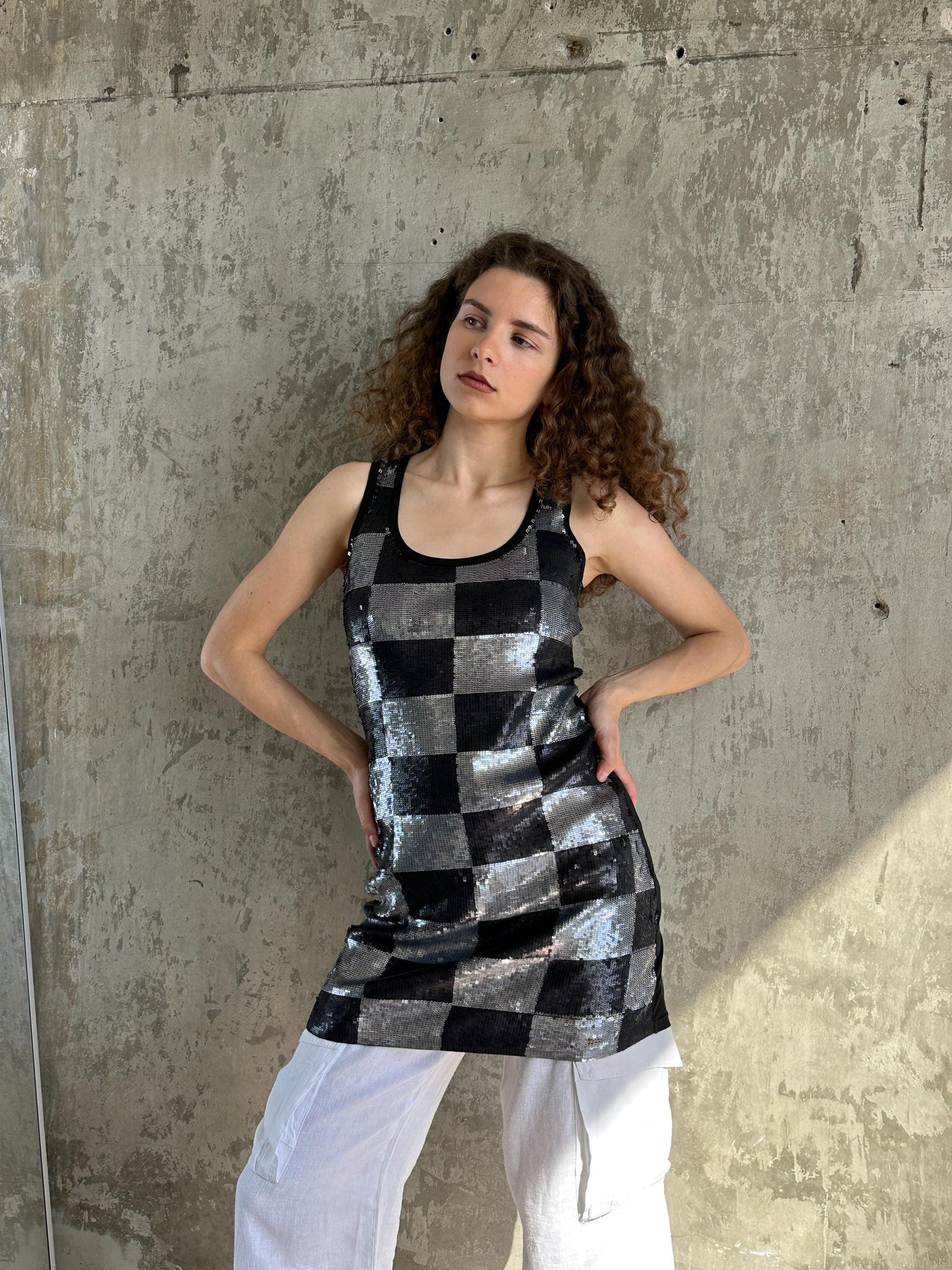 Vintage Silver Black Checkerboard Sequin Mini Dress