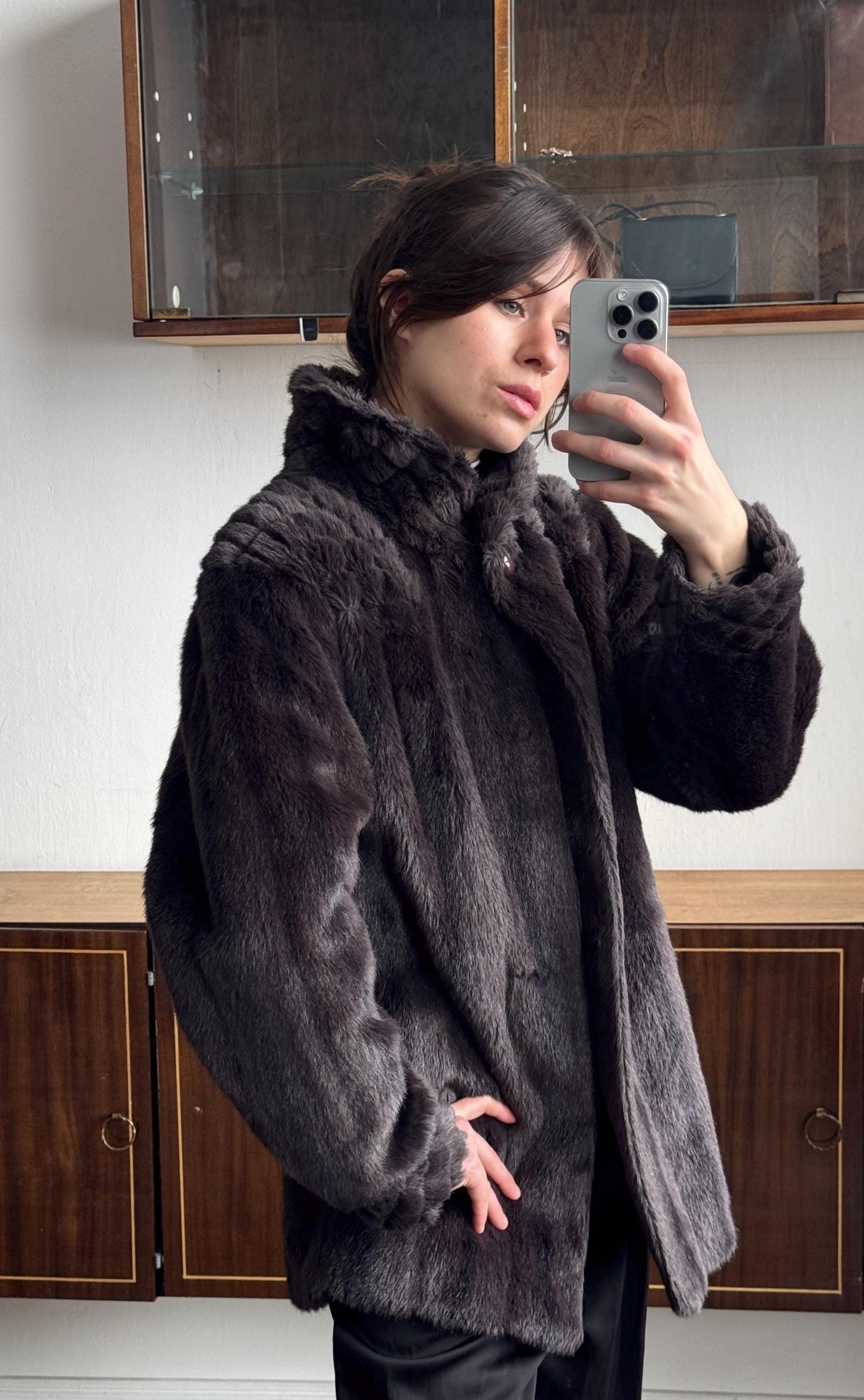 Vintage 90s Oversized Faux-Fur Mini Coat In Brown