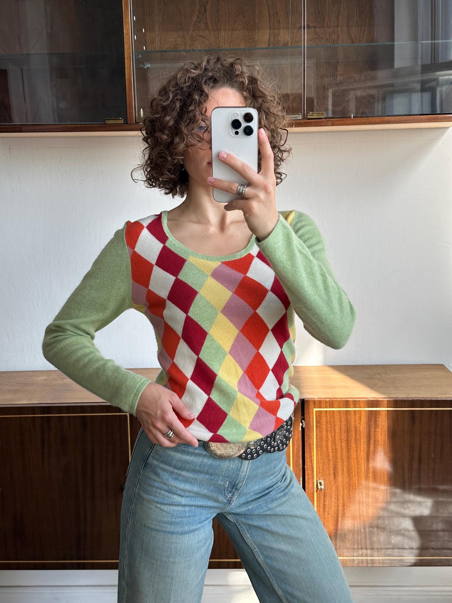 Vintage 90s argyle cashmere sweater in green, multicolor diamond sweater