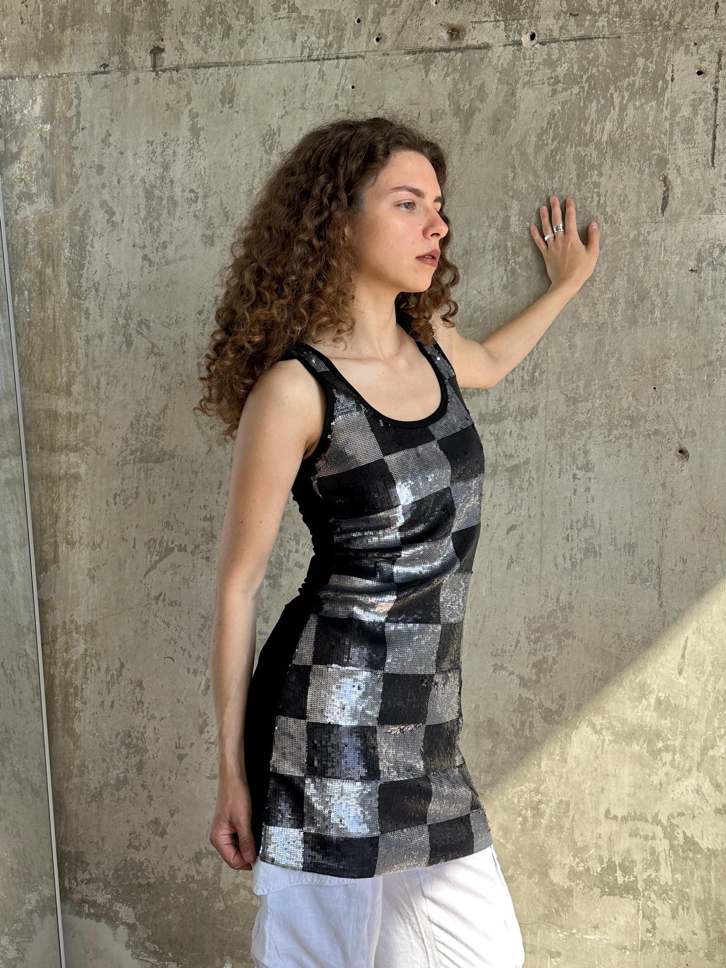 Vintage Silver Black Checkerboard Sequin Mini Dress