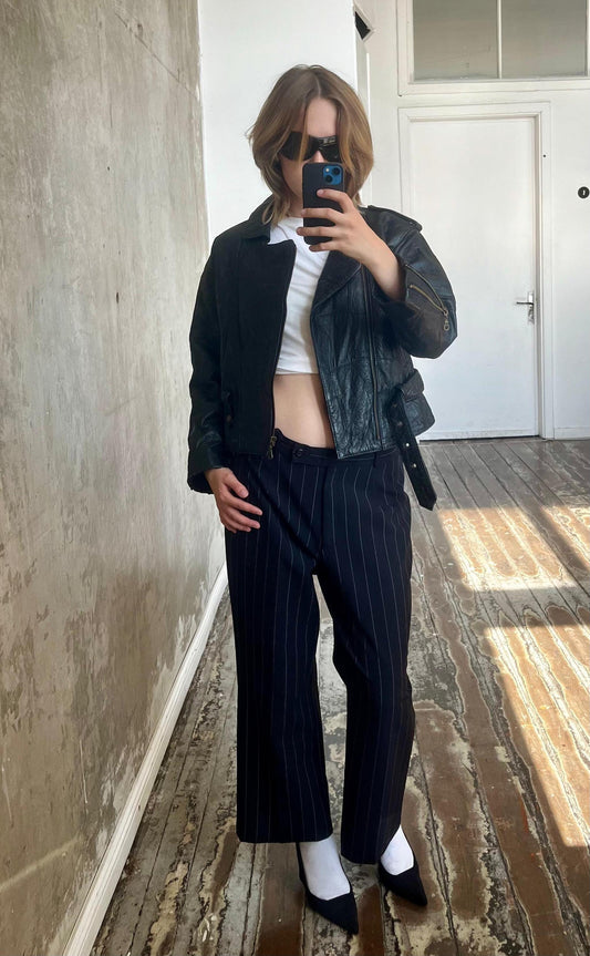 Vintage 80s belted biker leather jacket in black