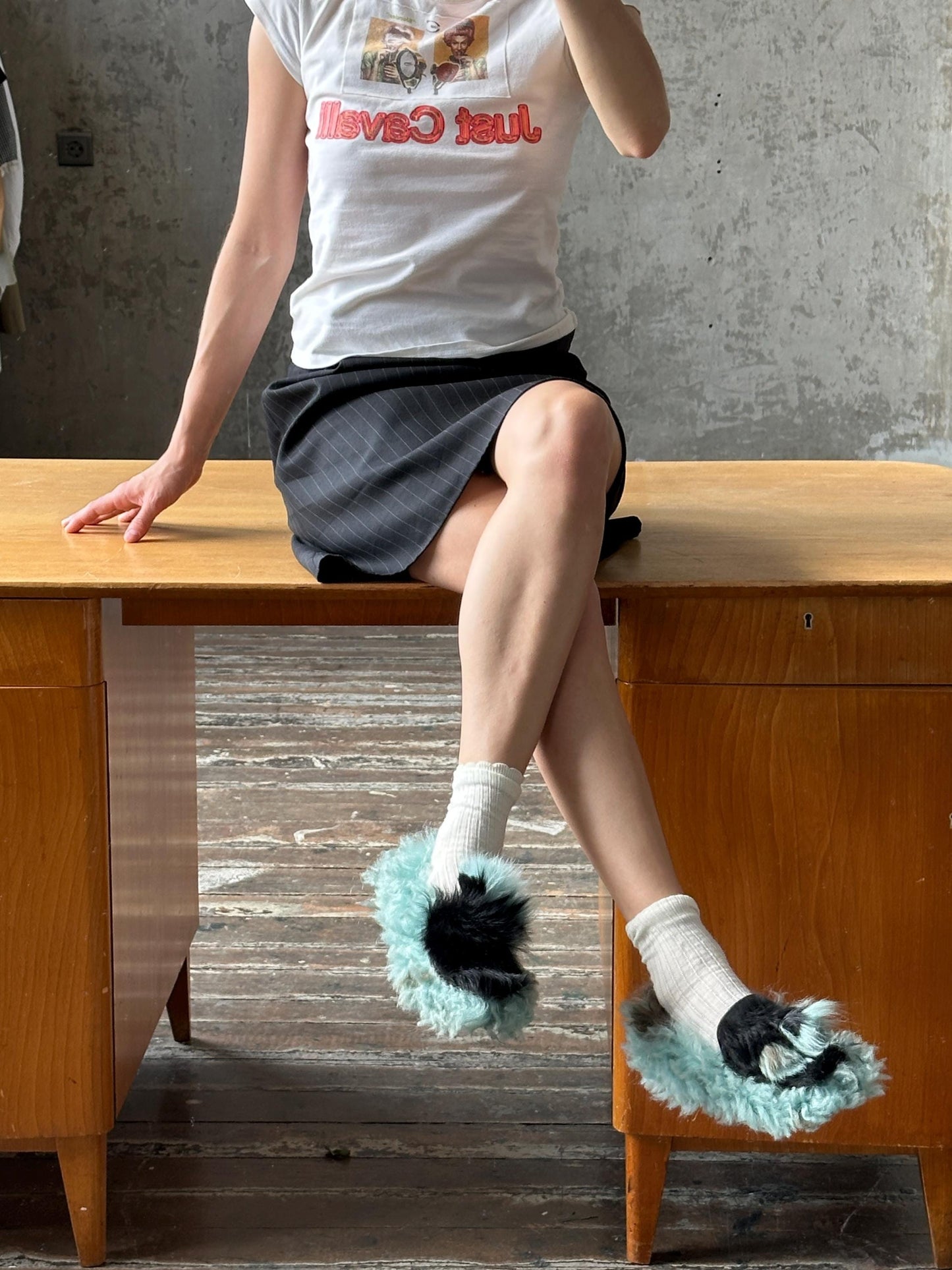 Vintage Prada Milano Shearling Fur Slipper | Mint Green & Black Furry Slides | US 6