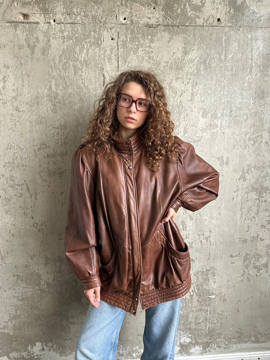 Vintage 80s button up leather jacket in brown