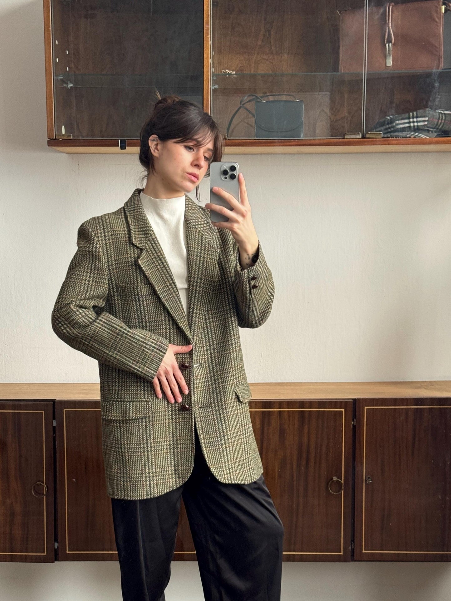 Vintage 90s Wool Classic Checked Blazer In Green