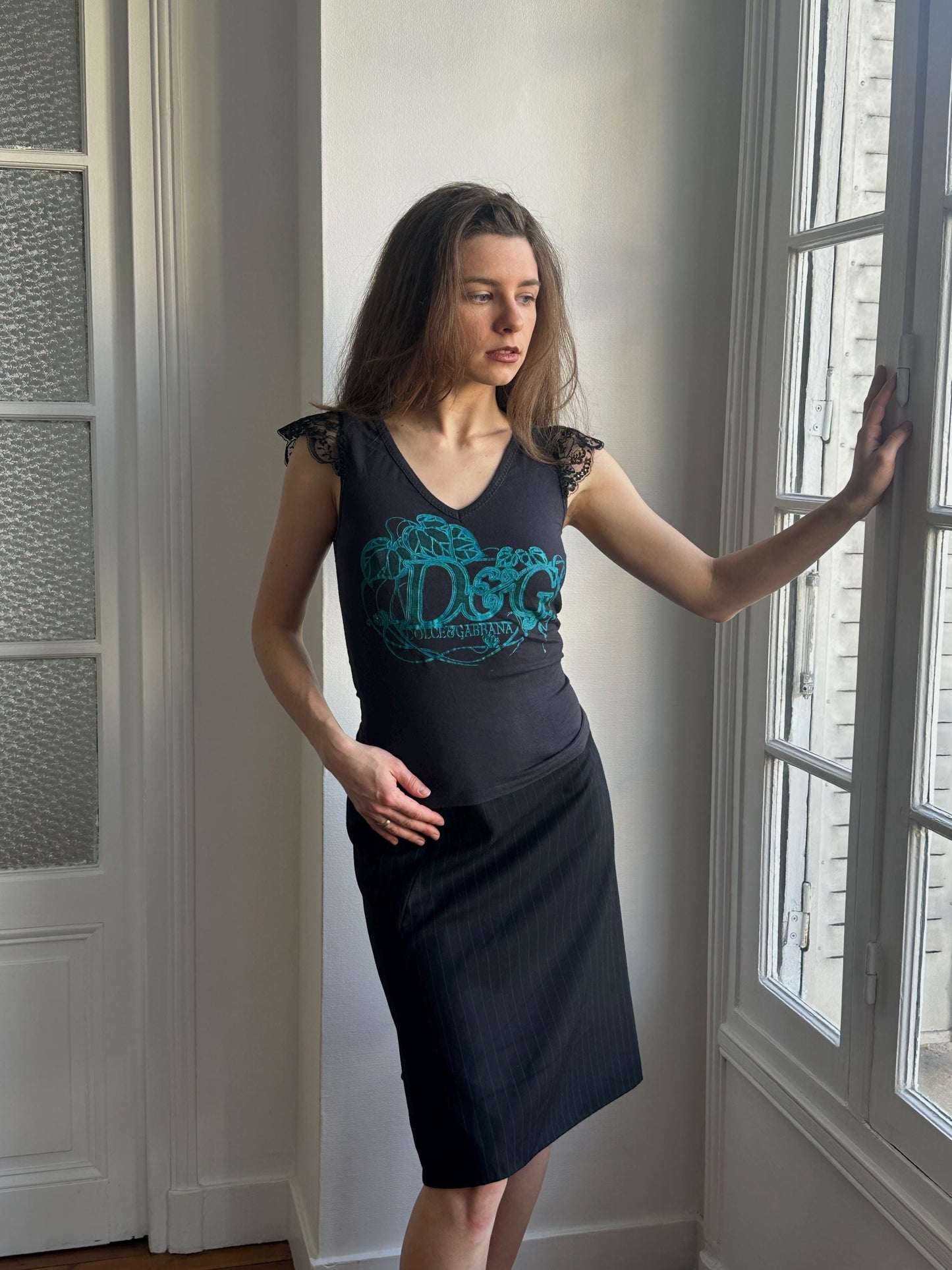 Vintage D&G Black Graphic Ruffled Lace Trim Top