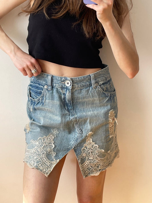 Vintage y2k denim mini skirt with embroidered lace inserts