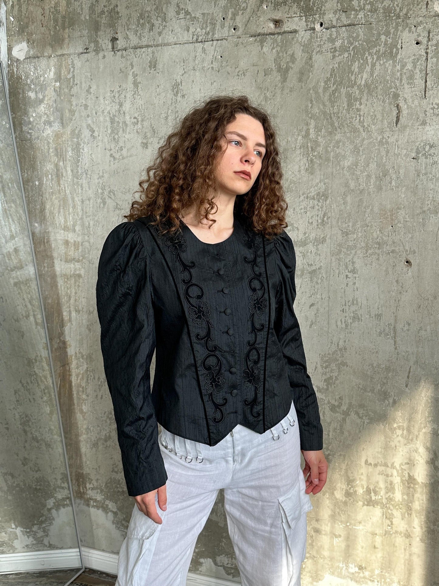 Vintage Victorian-Inspired Embroidered Blouse in Black