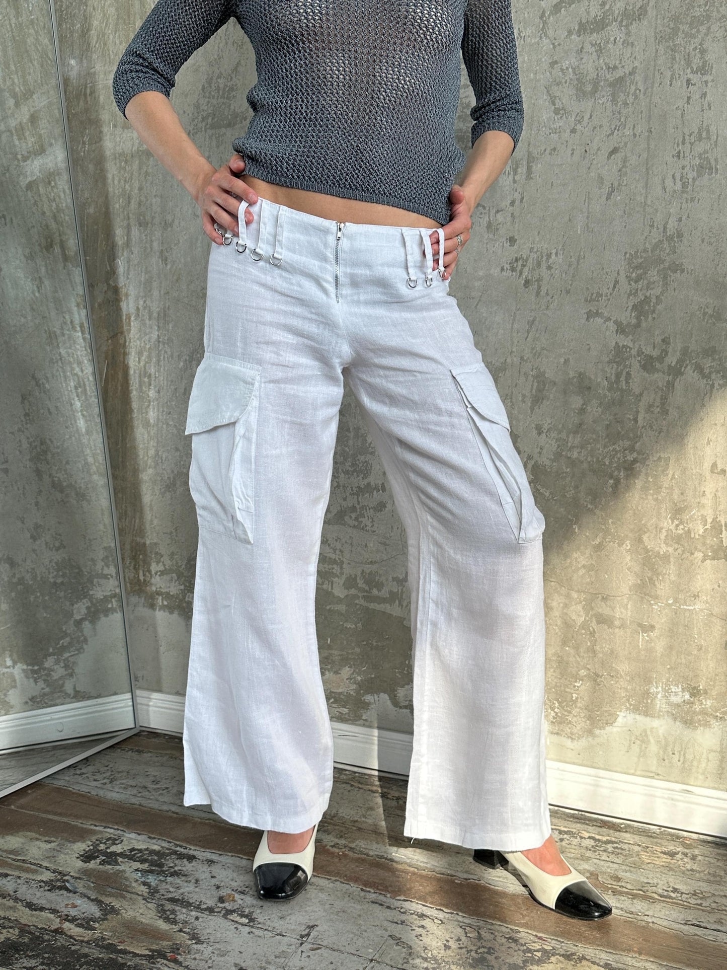 Vintage 90s White Linen Cargo Pants