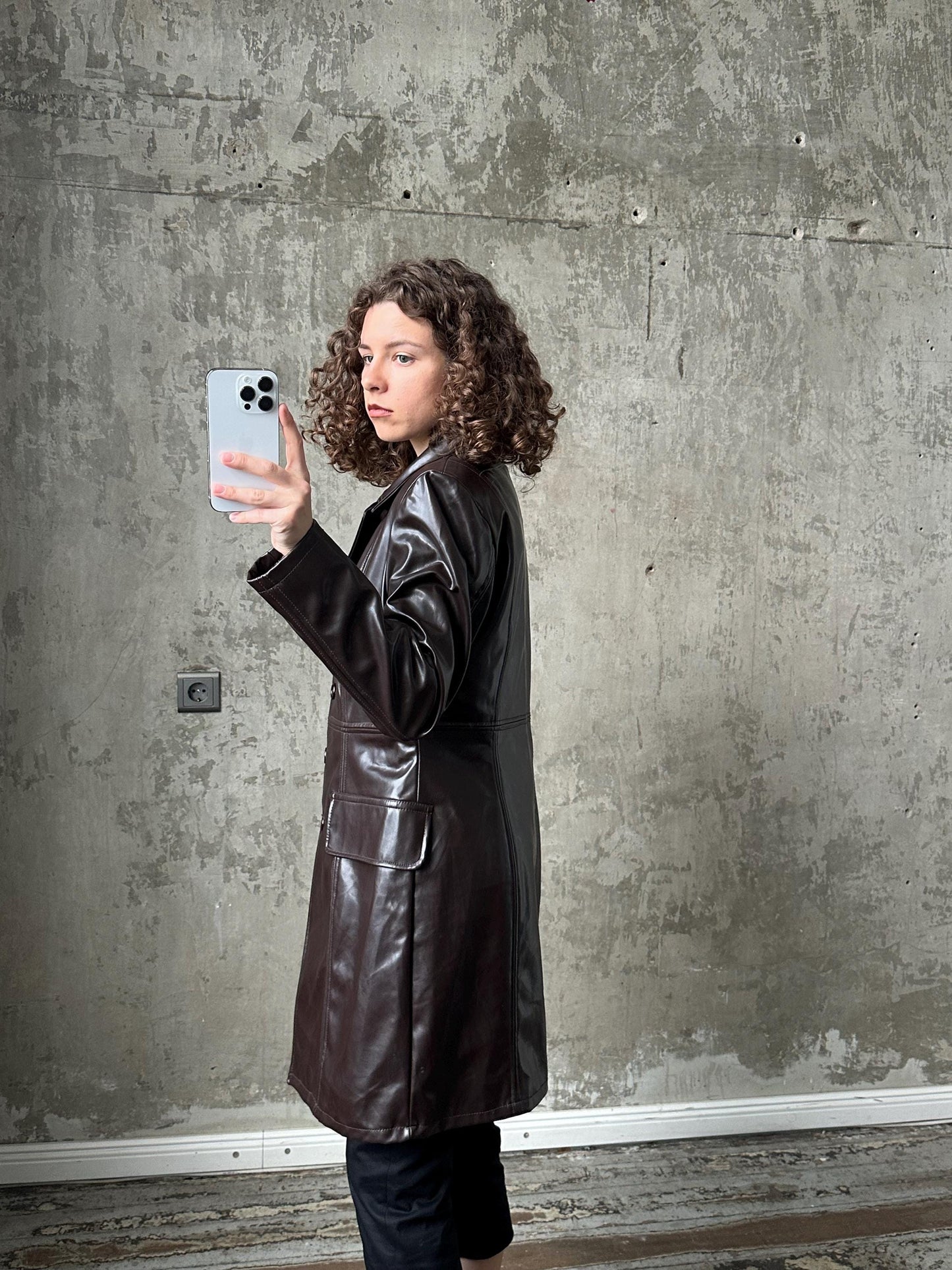 Vintage faux leather coat in dark brown