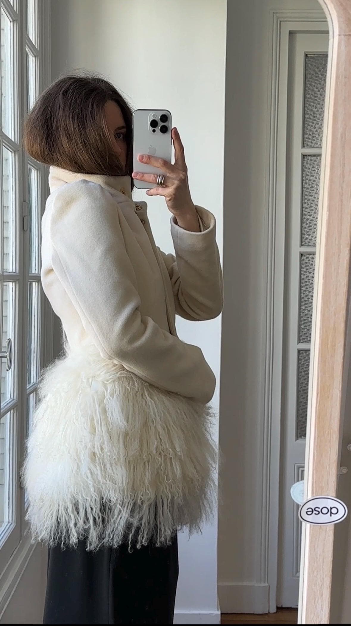 Vintage Y2K Ivory Wool Short Coat with Tibetan Lamb Fur Hem