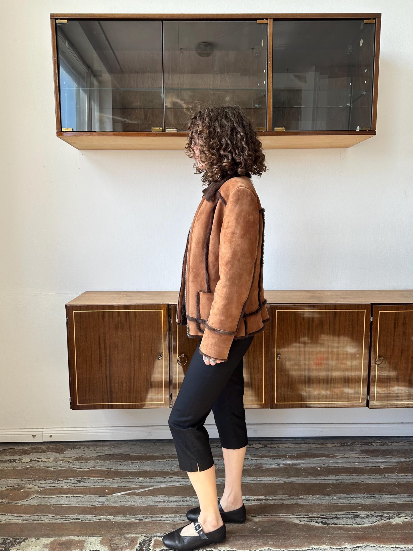 Vintage suede faux leather collar coat in brown