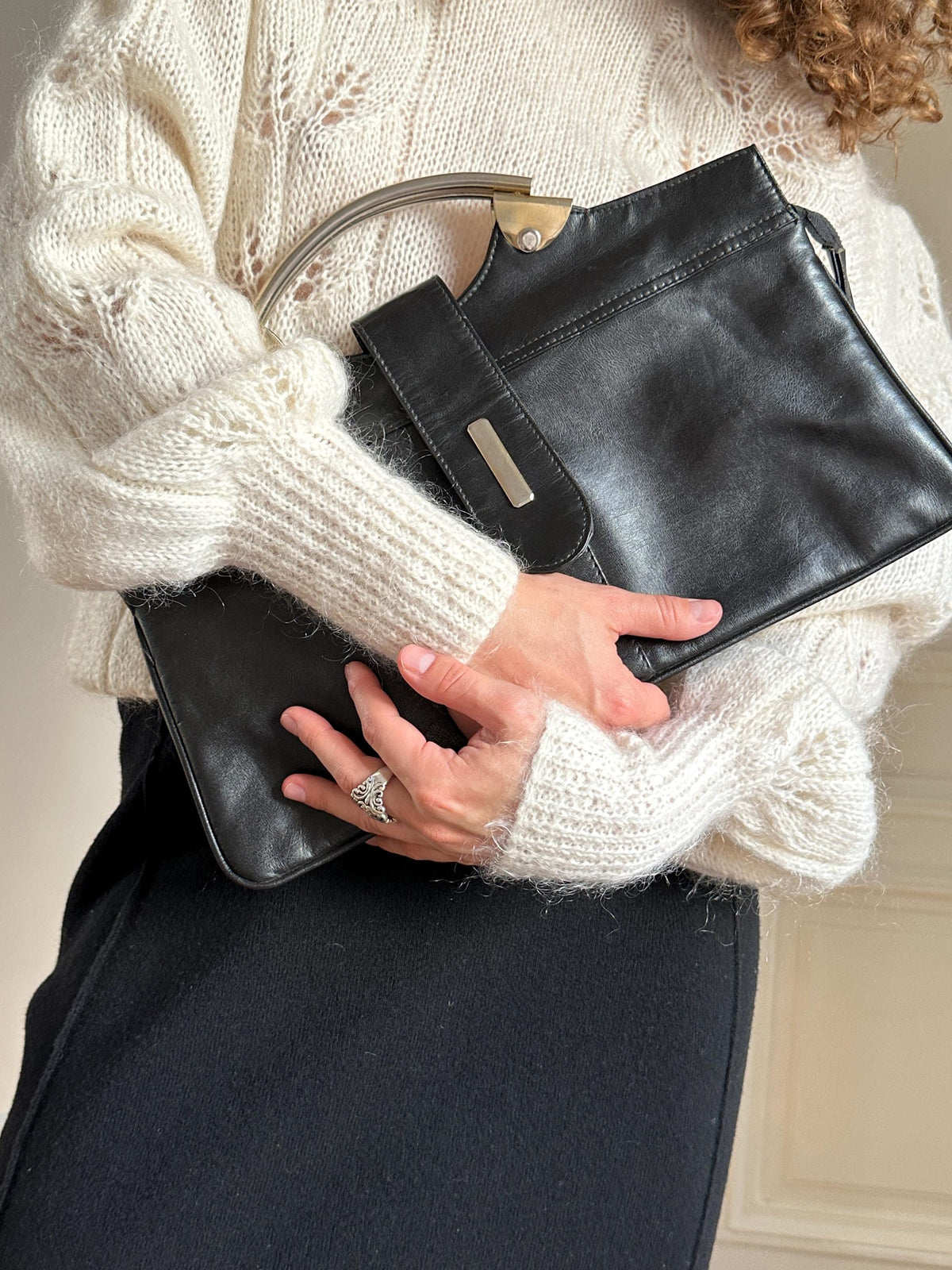 Vintage 90s Soft Black Leather Metal Hardware Handbag