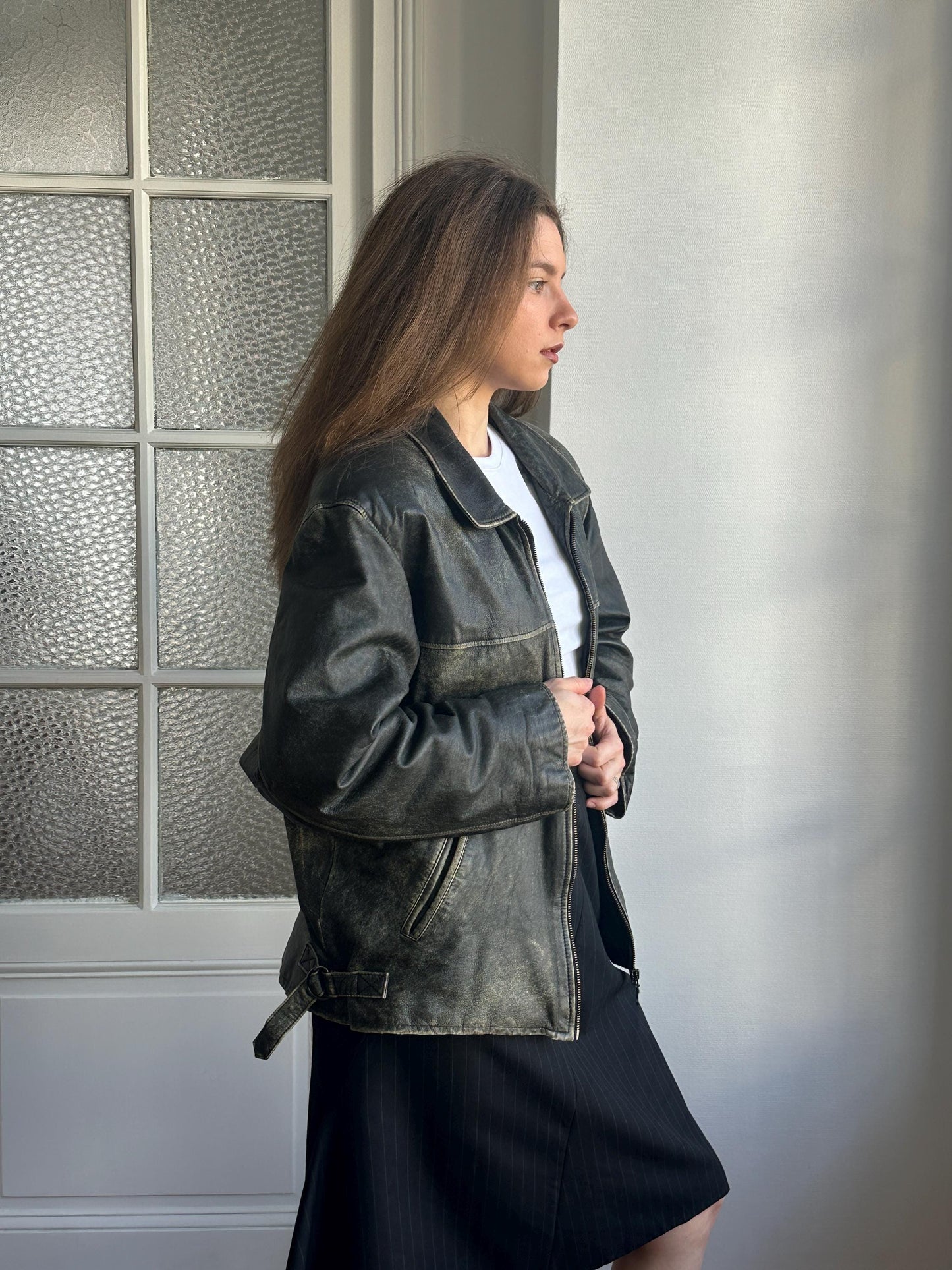 Vintage Distressed Leather Bomber Jacket in Black