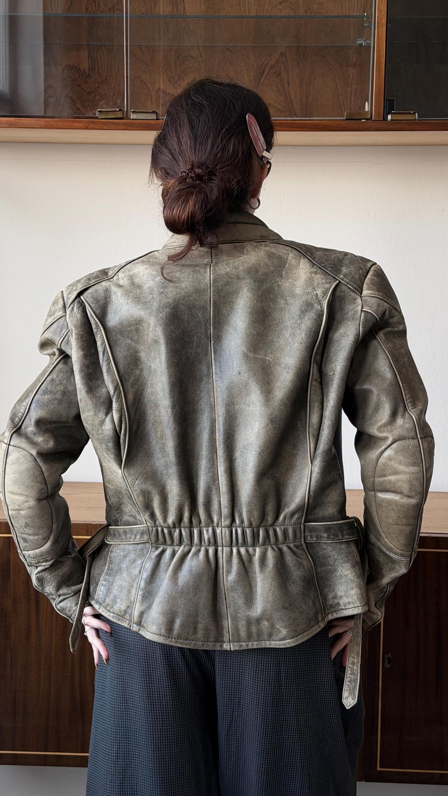 Vintage faded motorcycle leather jacket in brown
