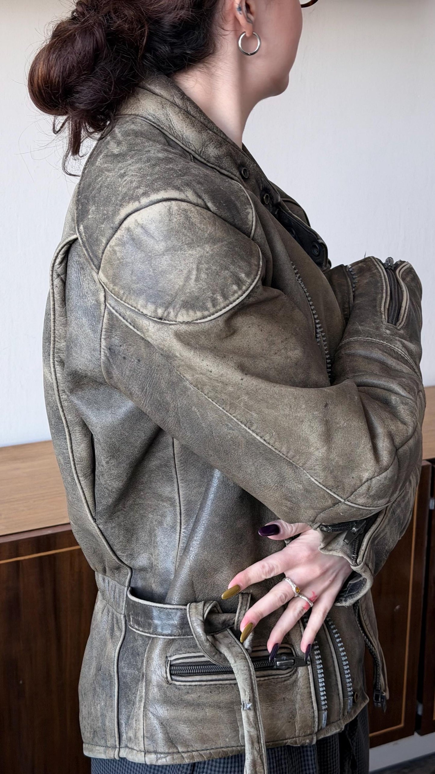 Vintage faded motorcycle leather jacket in brown