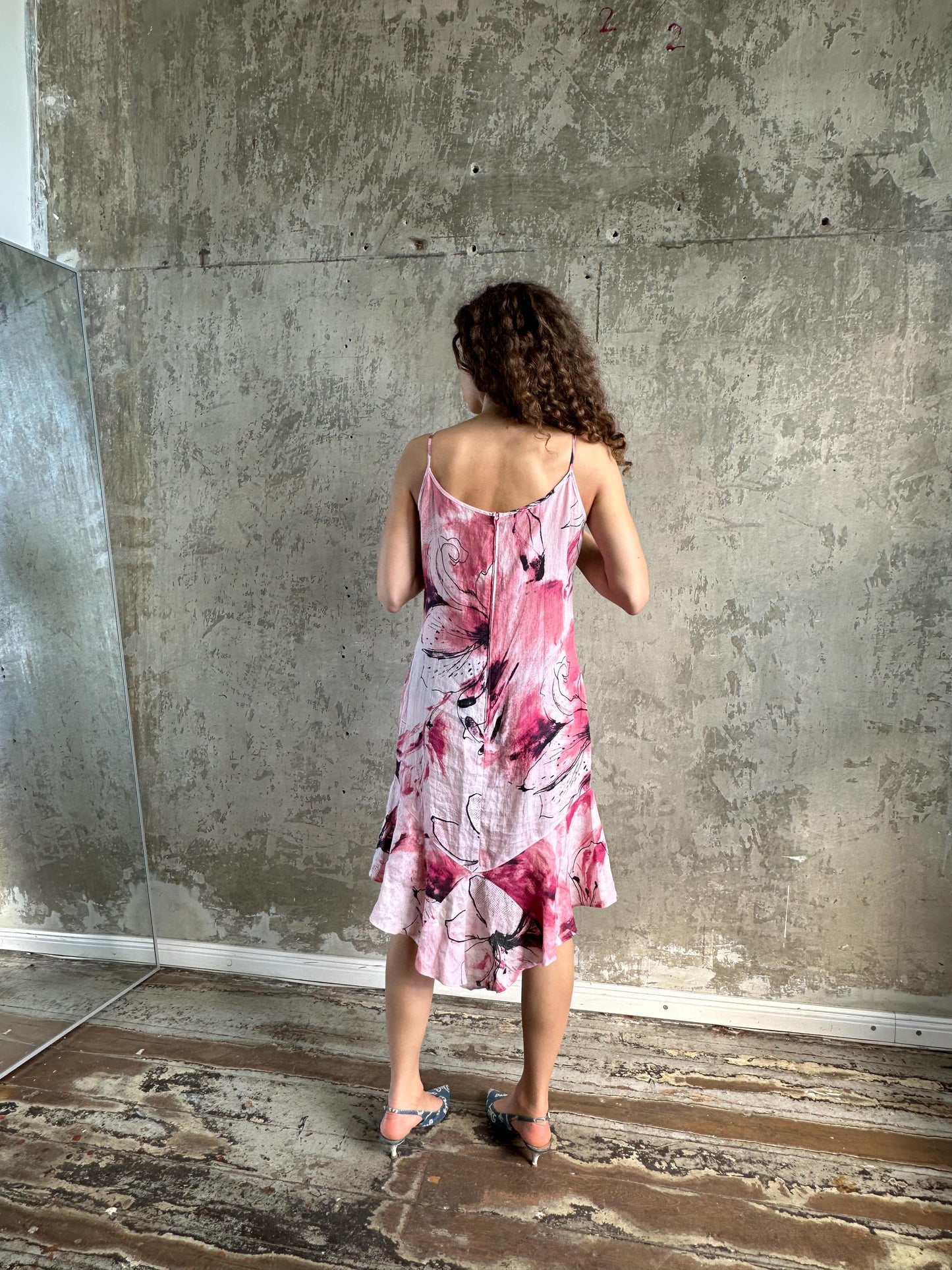 Vintage Floral Slip Linen Dress in Pink