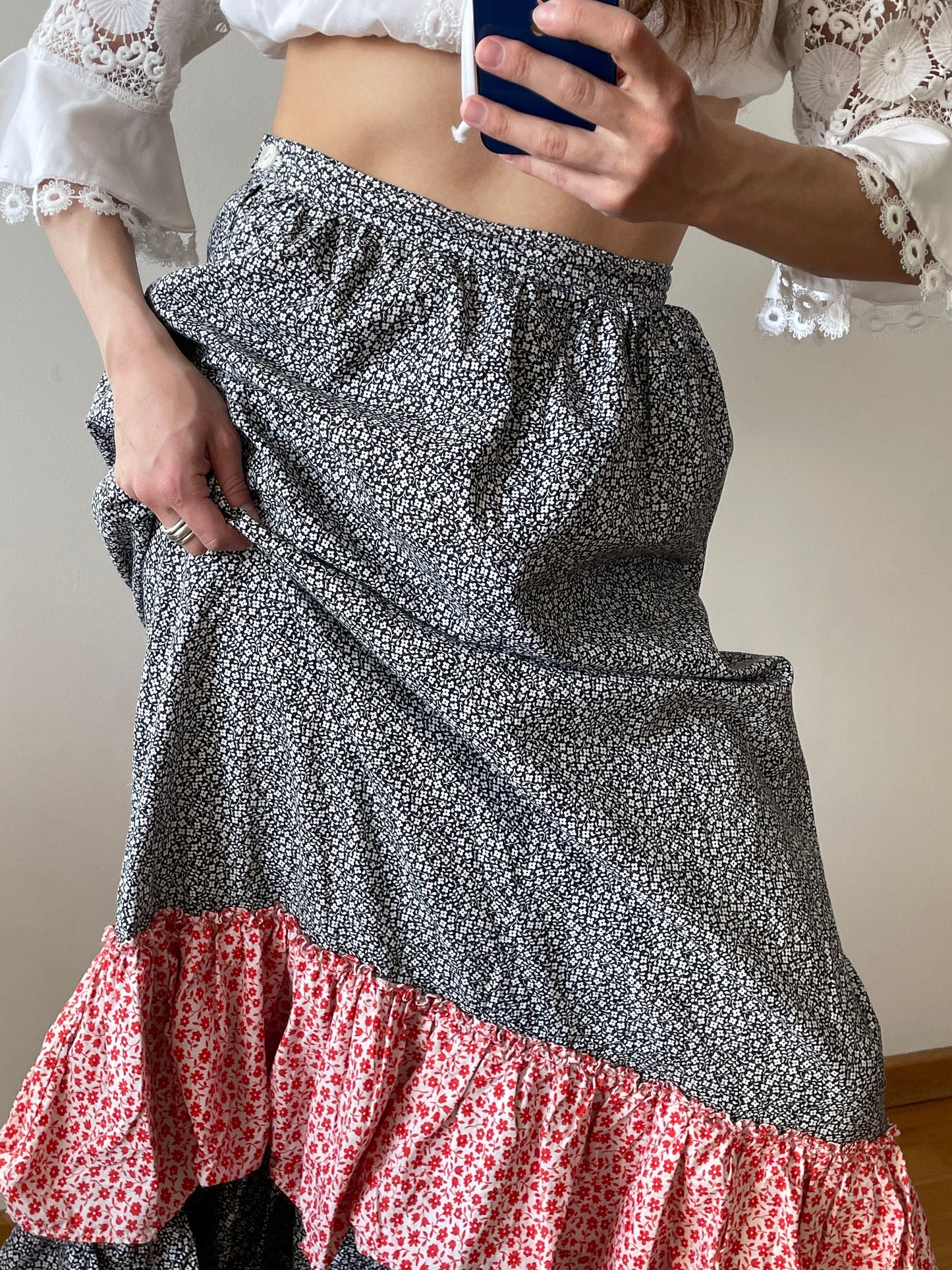 Vintage loose linen skirt, traditional maxi skirt with flowers