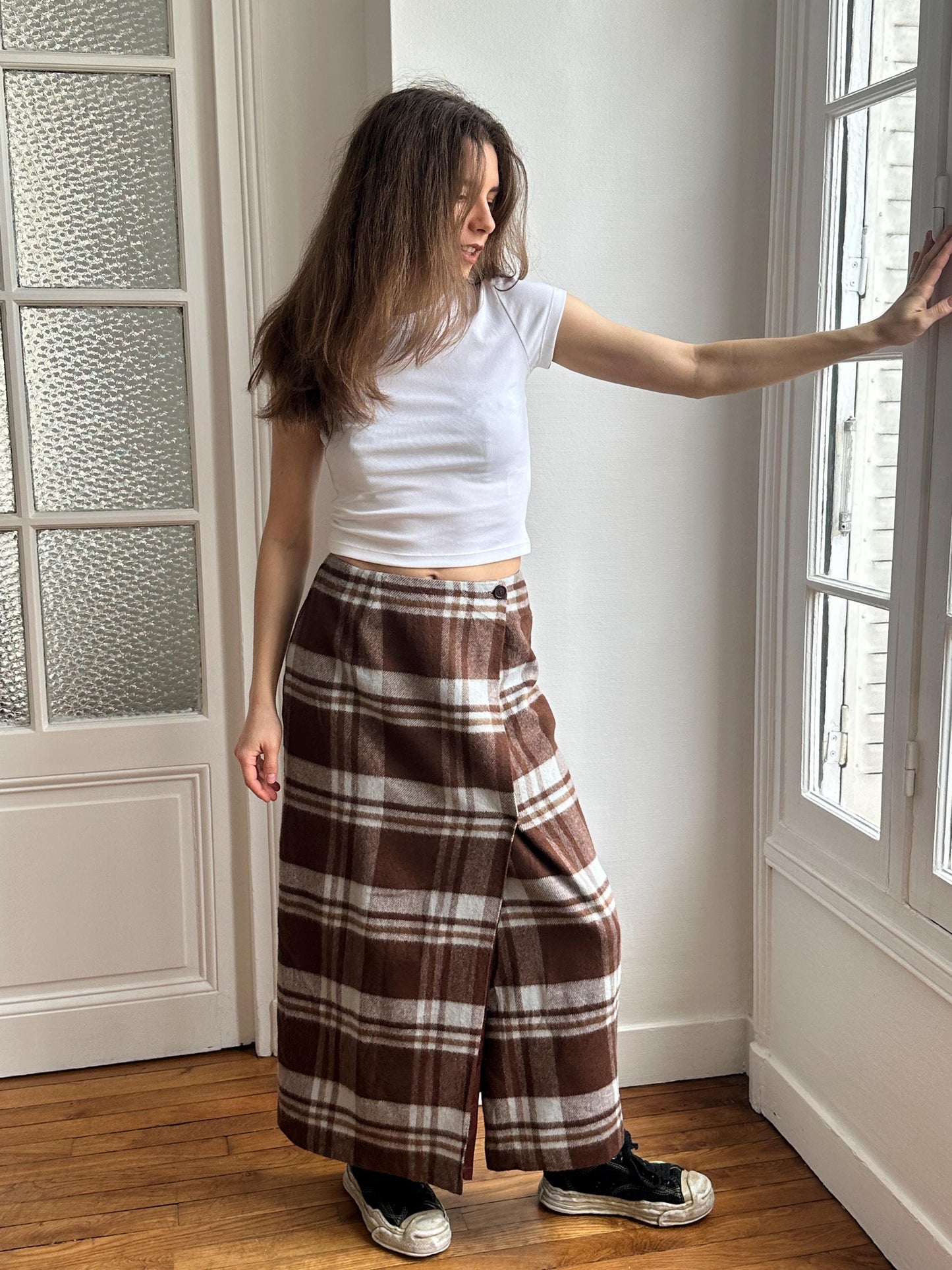 Vintage Plaid Wool Maxi Skirt in Brown