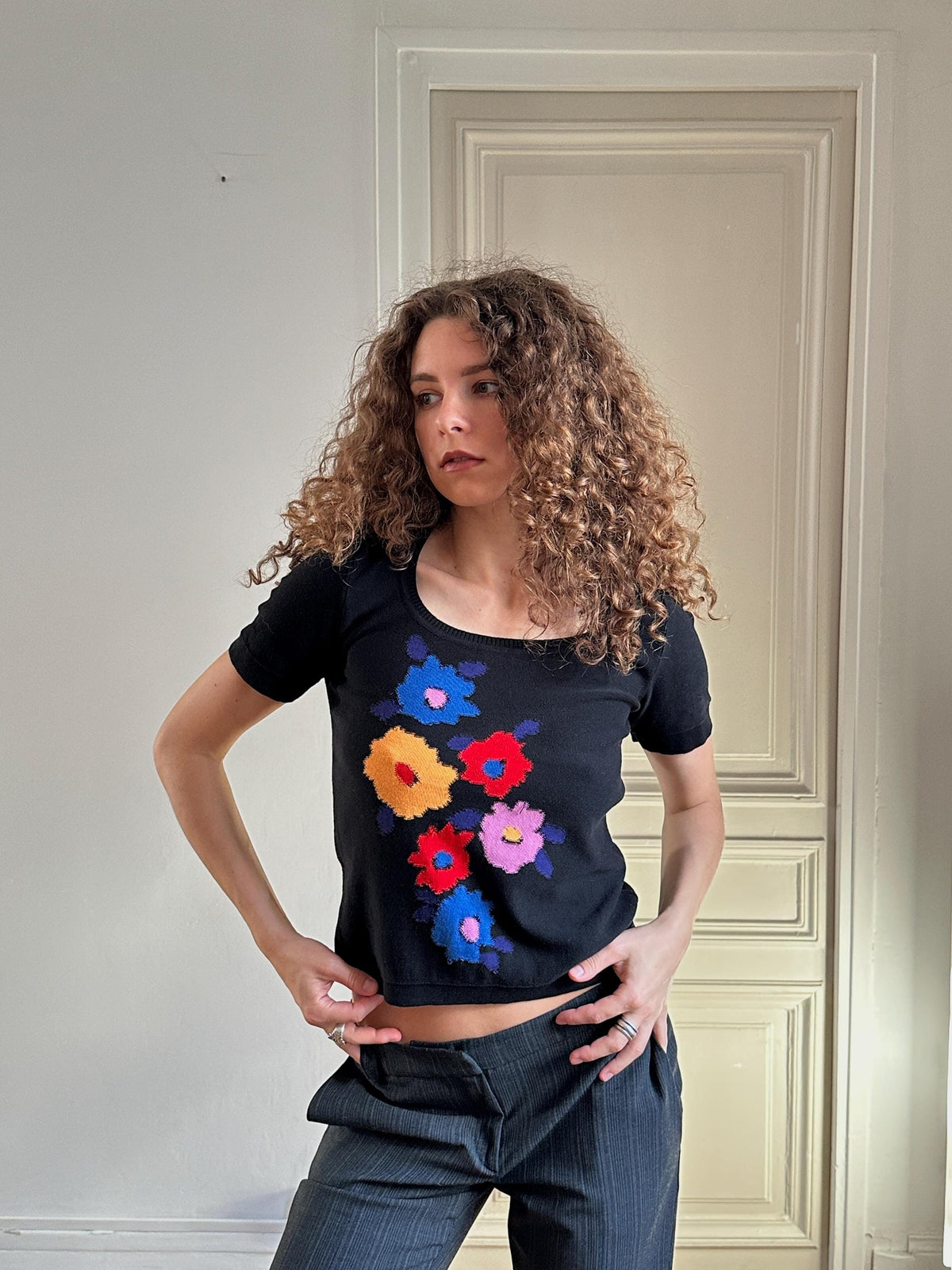 Vintage Sonia Rykiel Black Knit Top with Flowers