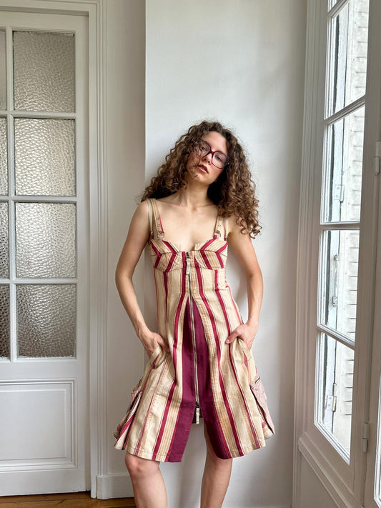 Vintage 90s Marithé et François Girbaud Striped Denim Corset Mini Dress in Red and White