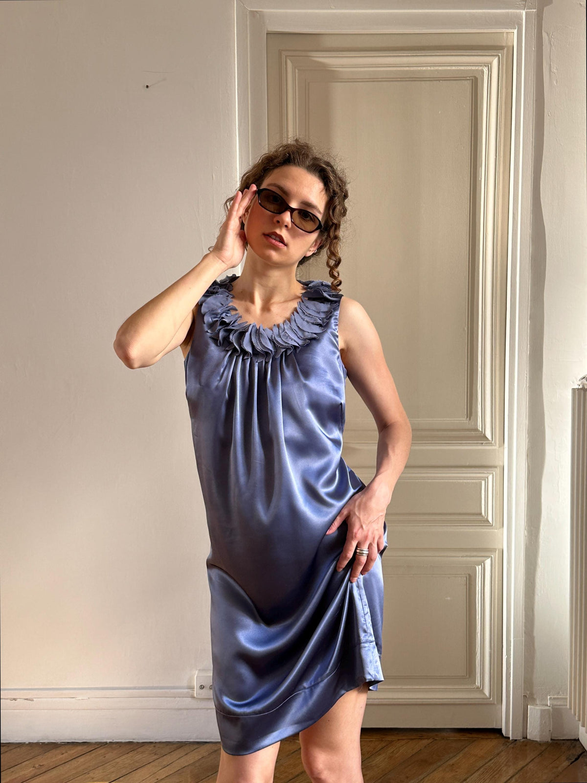 Vintage Petal Ruffle Silky Cocktail Dress in Lilac
