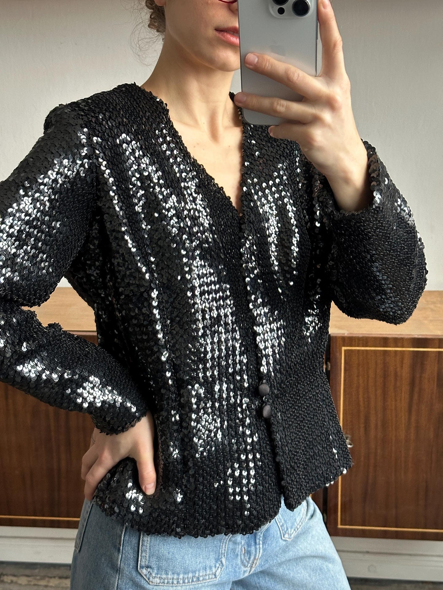 Vintage 90s Sparkle Sequin Party Evening Blazer In Black