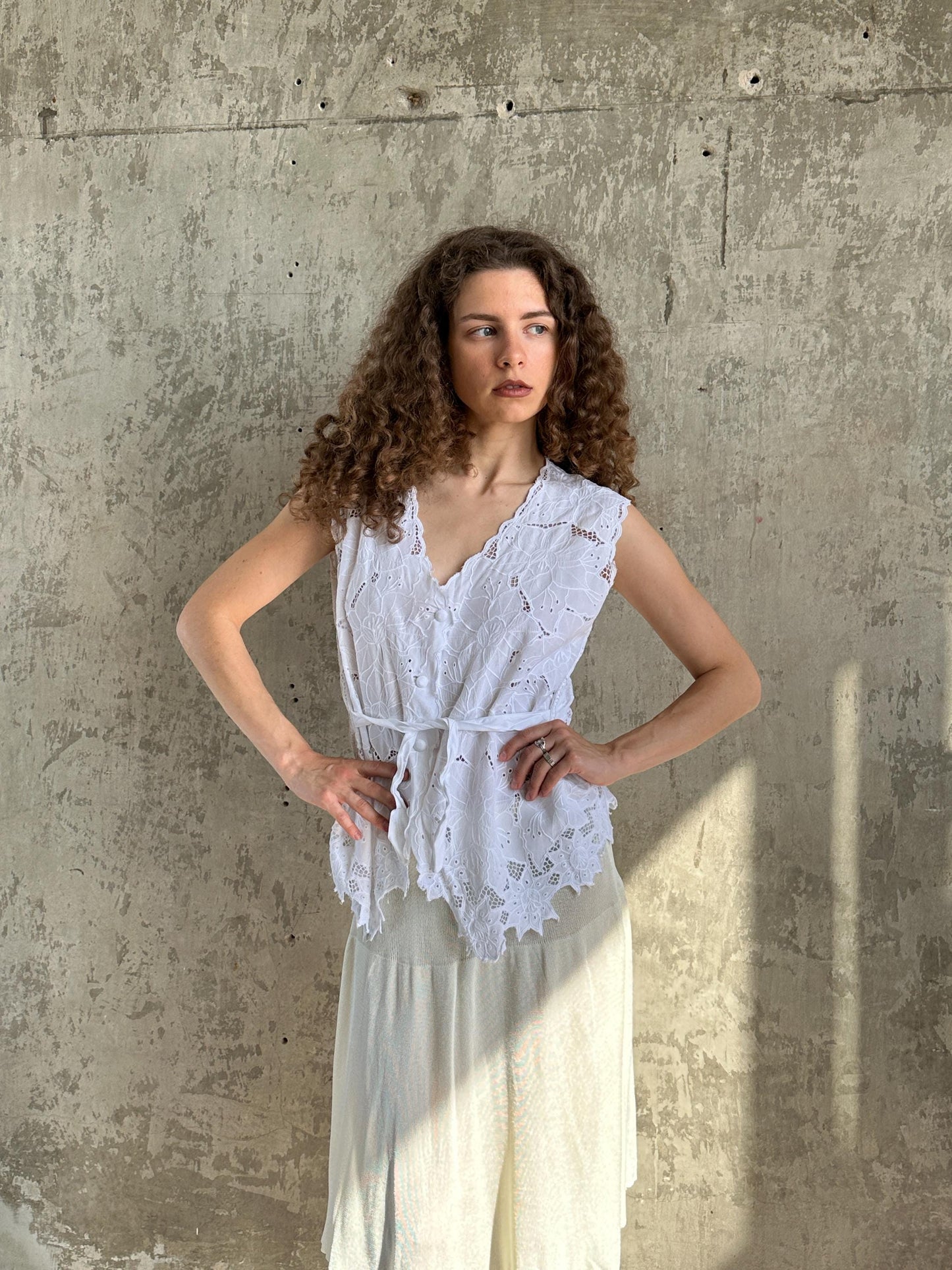 Vintage White Cotton Cutwork Floral Lace Top