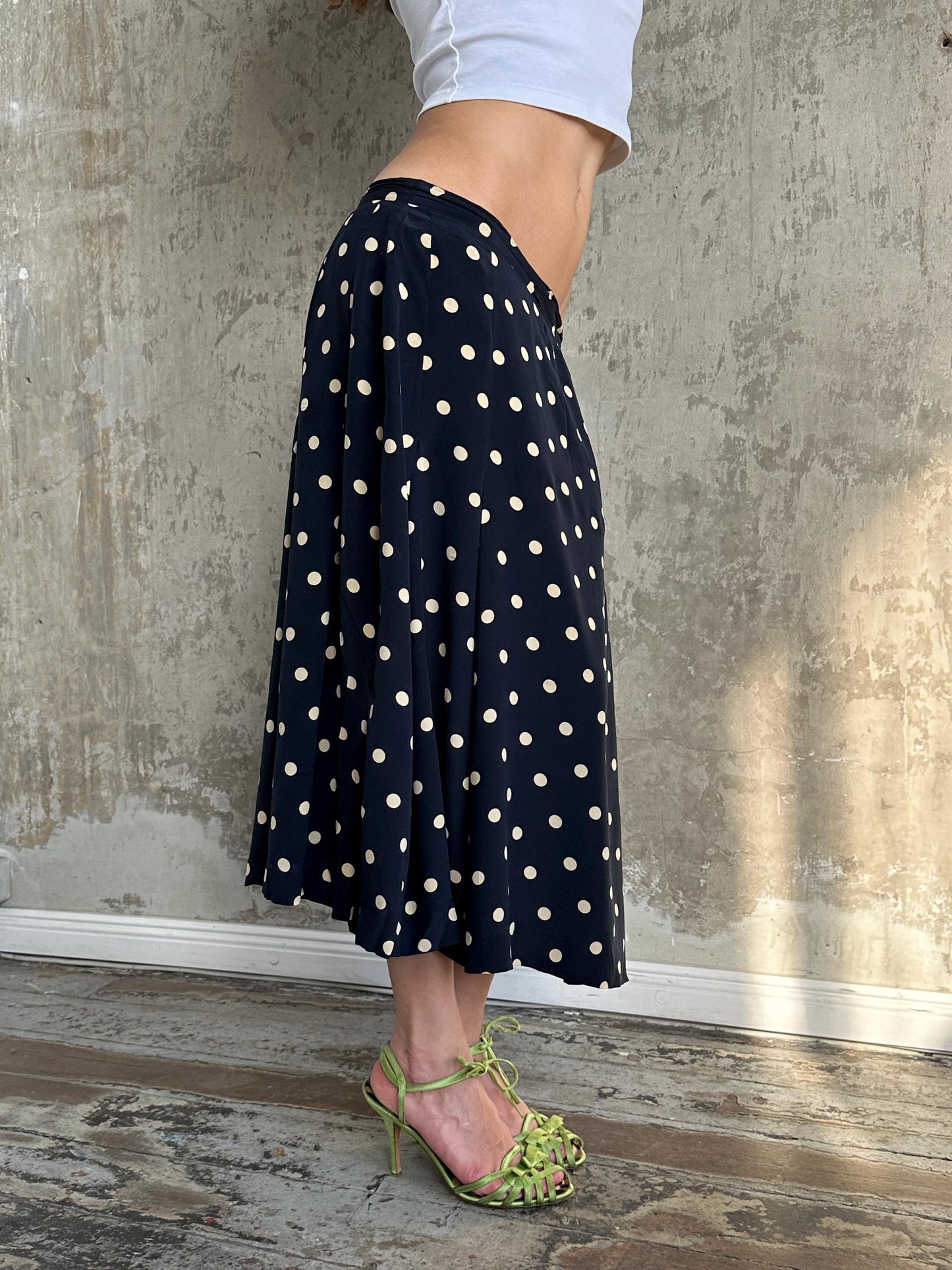Vintage 90s Italian Silk Polka Dot Maxi Skirt in Black and White