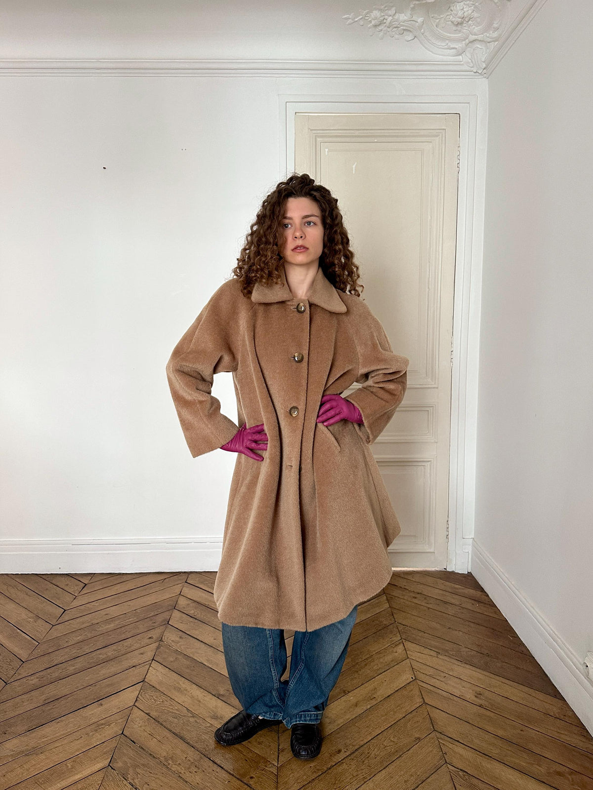 Vintage 90s Mohair Wool Teddy Coat in Beige