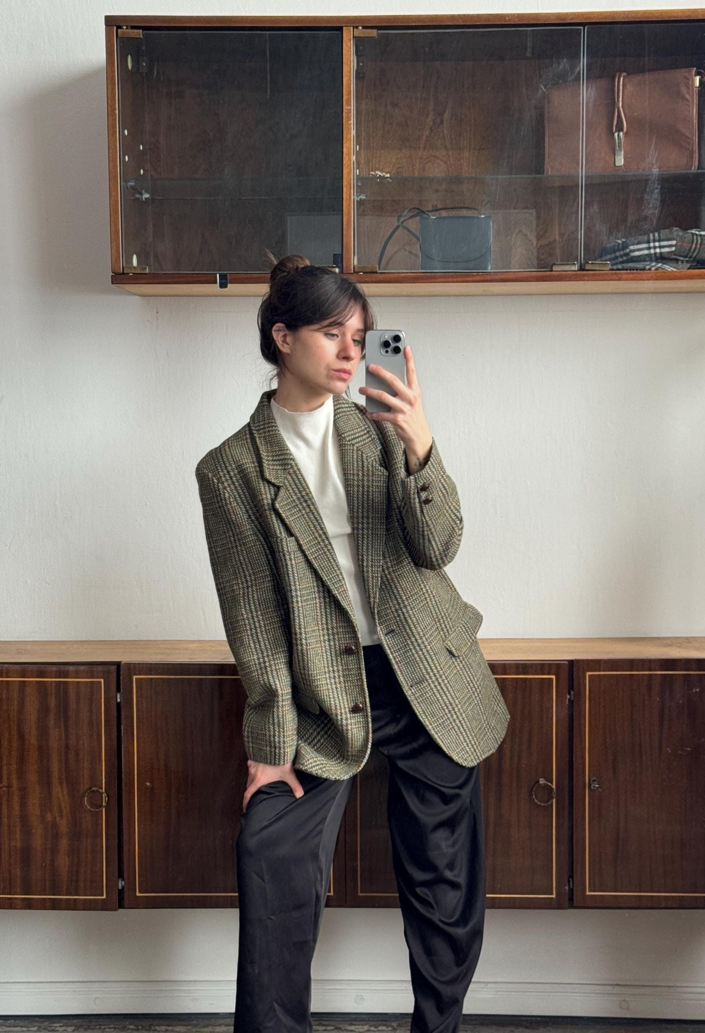 Vintage 90s Wool Classic Checked Blazer In Green
