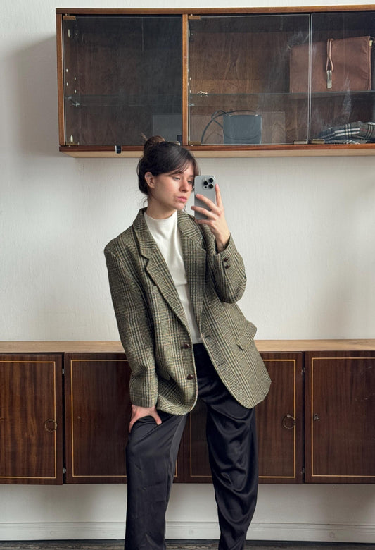Vintage 90s Wool Classic Checked Blazer In Green