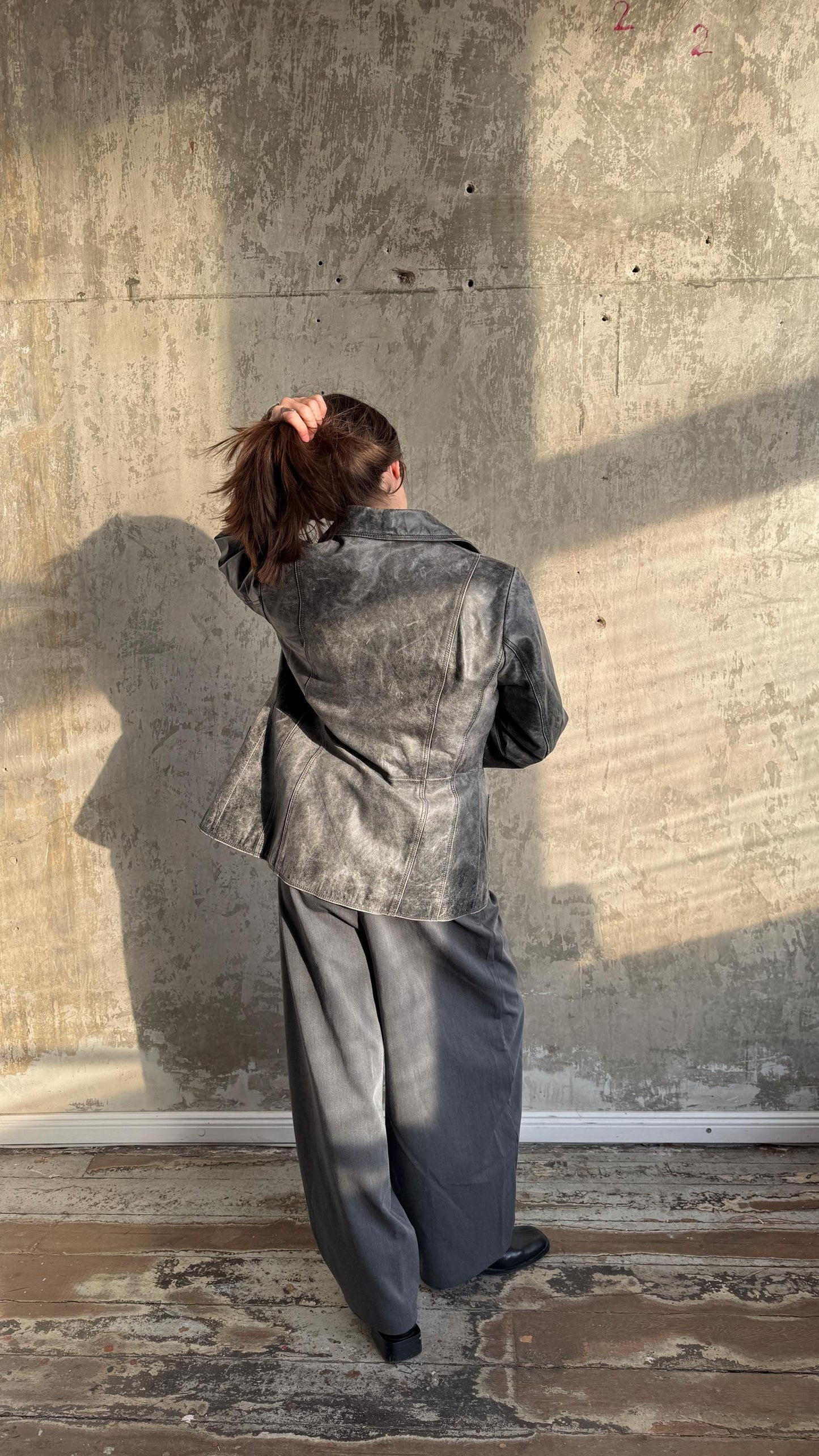 Vintage 90s Burnt Boxy Leather Jacket In Black/Grey