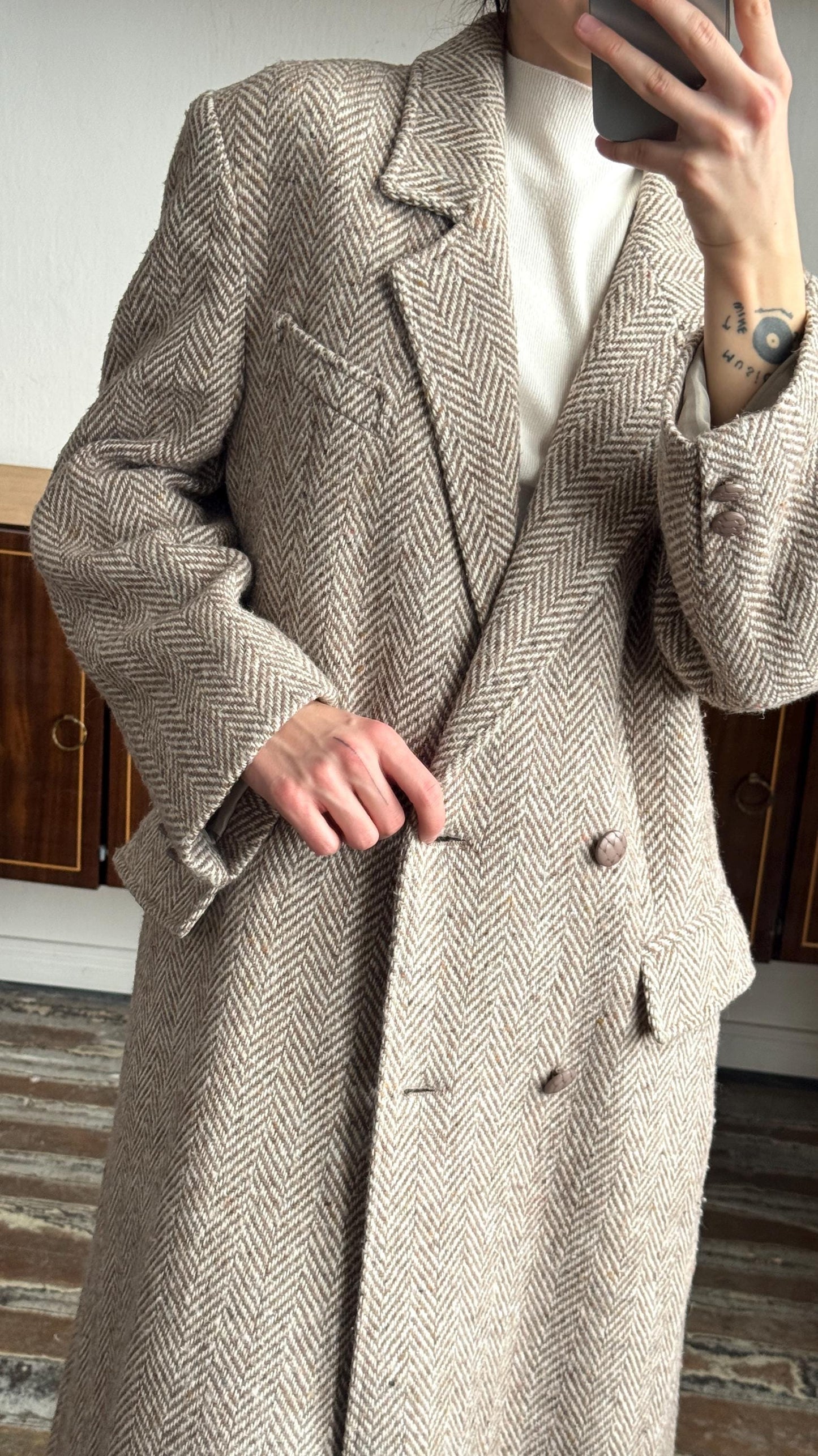 Vintage 90s Maxi Wool Classic Double-Breasted Coat In Beige