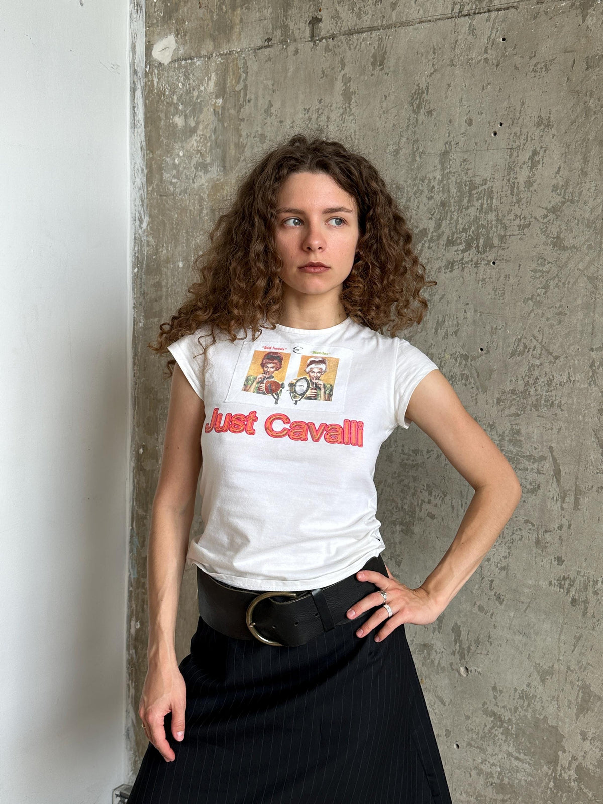 Vintage Just Cavalli White Graphic Baby Tee | Y2K Cotton Micro T-Shirt