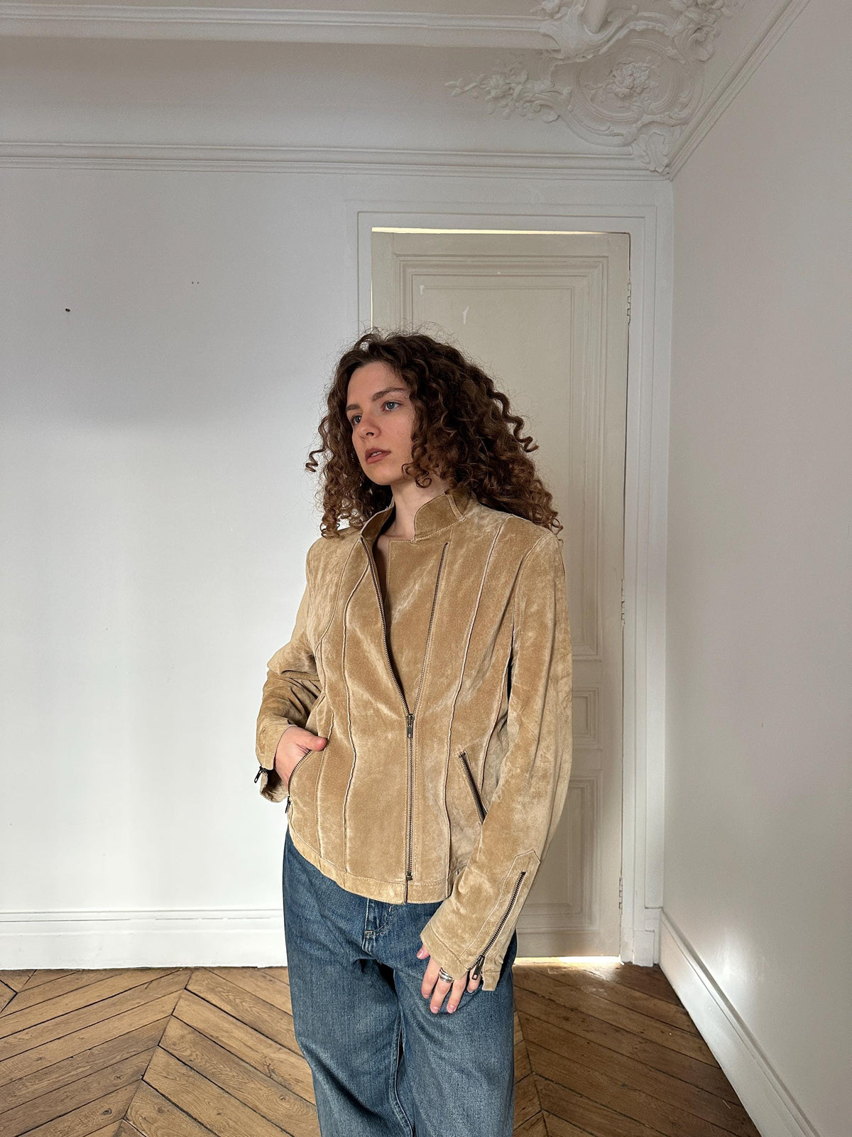 Vintage 90s Beige Suede Leather Motorcycle Jacket