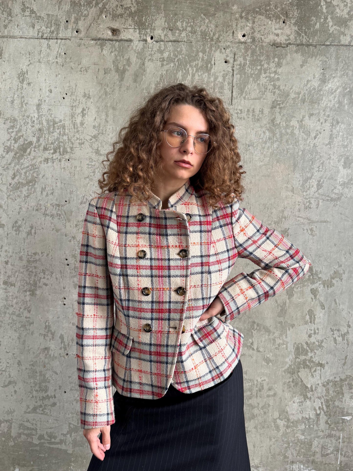 Vintage Weekend Max Mara Plaid Wool Blazer in Pink and Beige