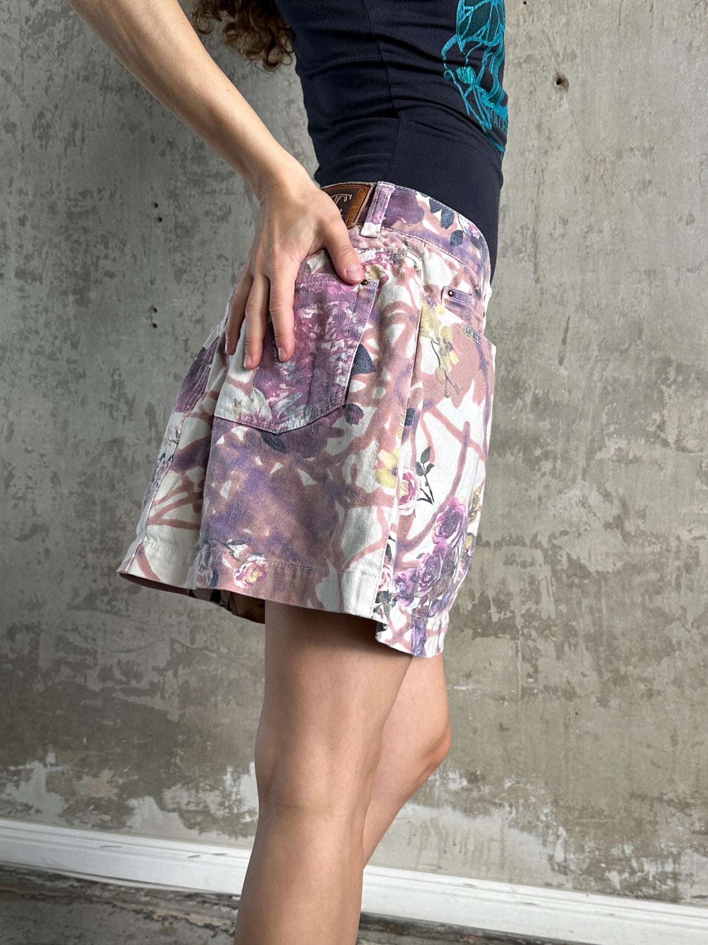 Vintage Y2K Cavalli Denim Floral Mini Skirt in Pink