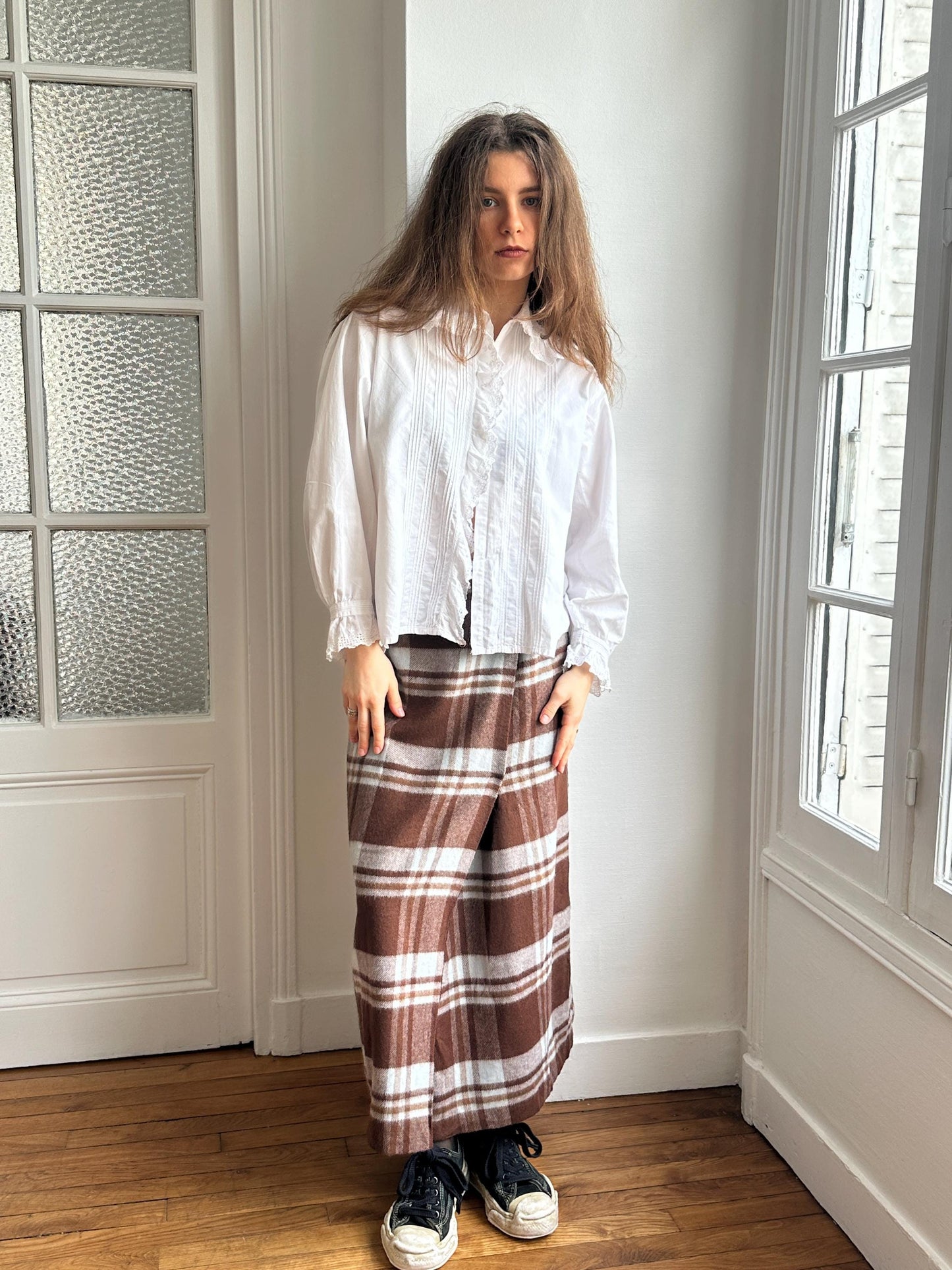 Vintage Plaid Wool Maxi Skirt in Brown