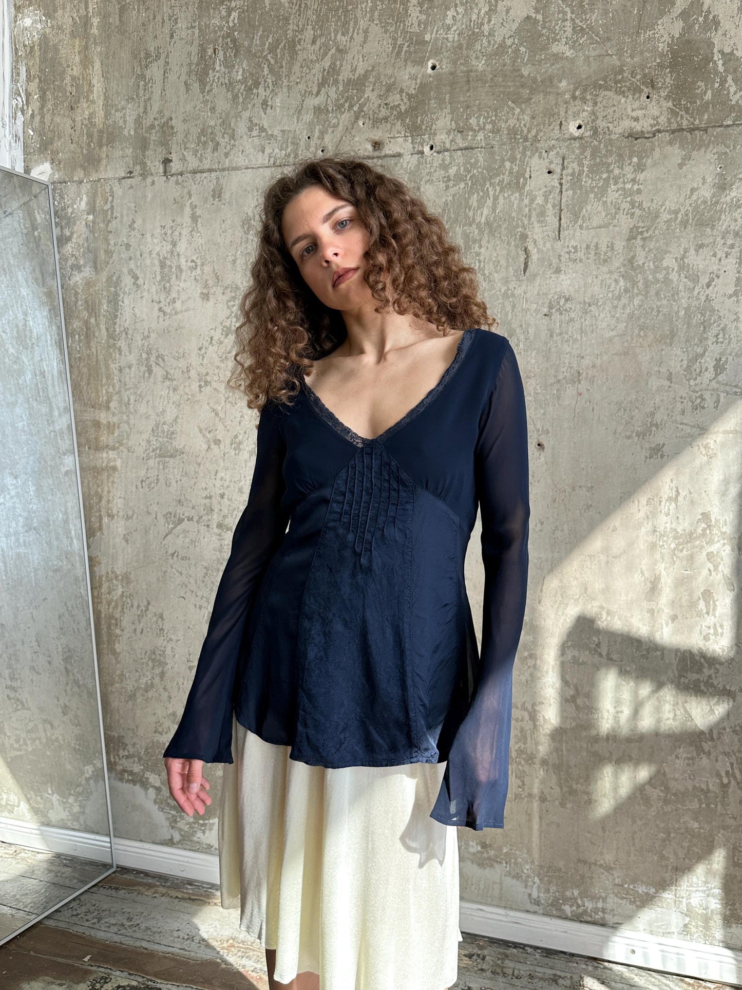 Vintage Navy Blue Sheer Lace Top