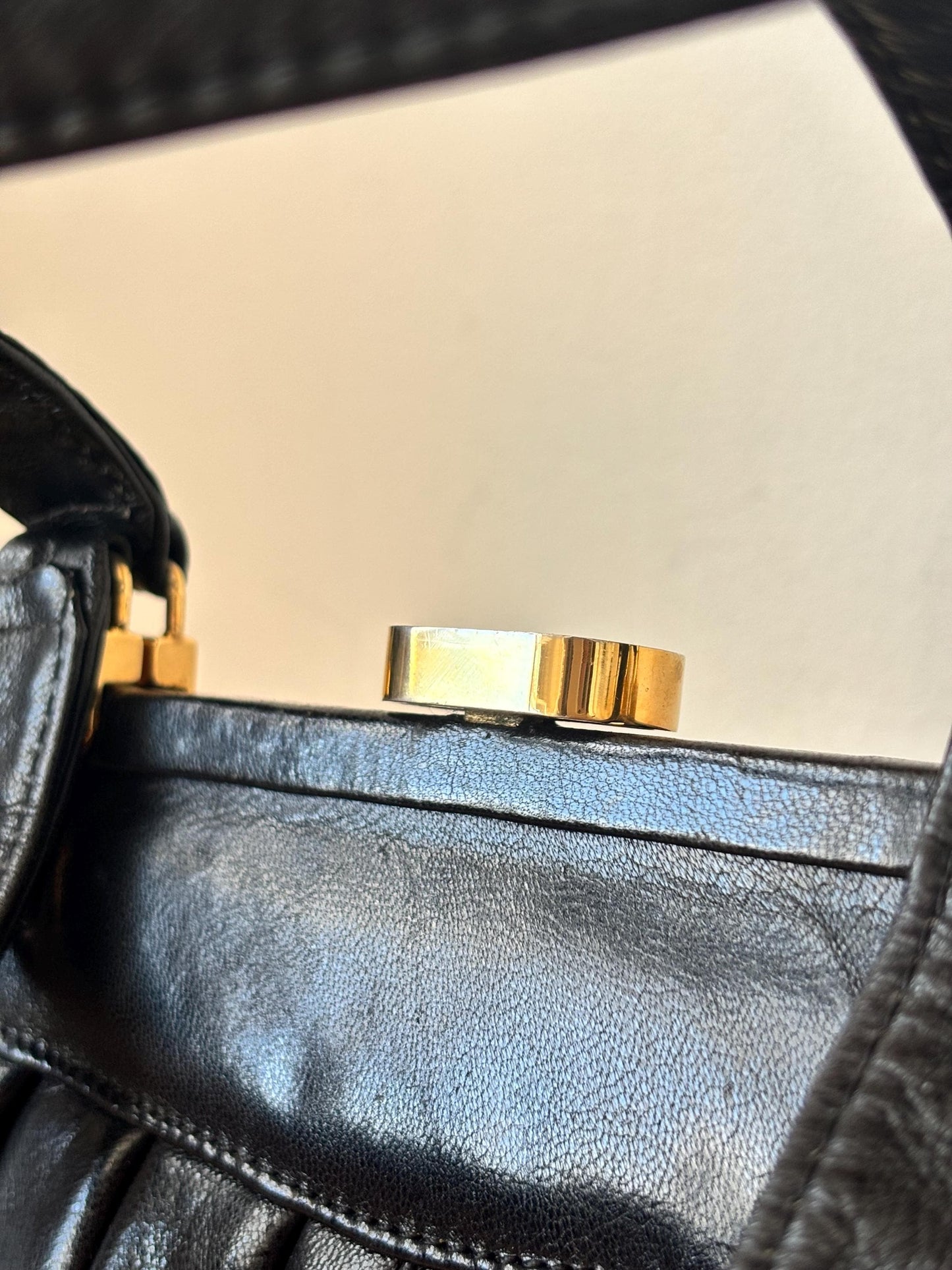 Vintage 90s Structured Top Handle Faux Leather Bag In Black