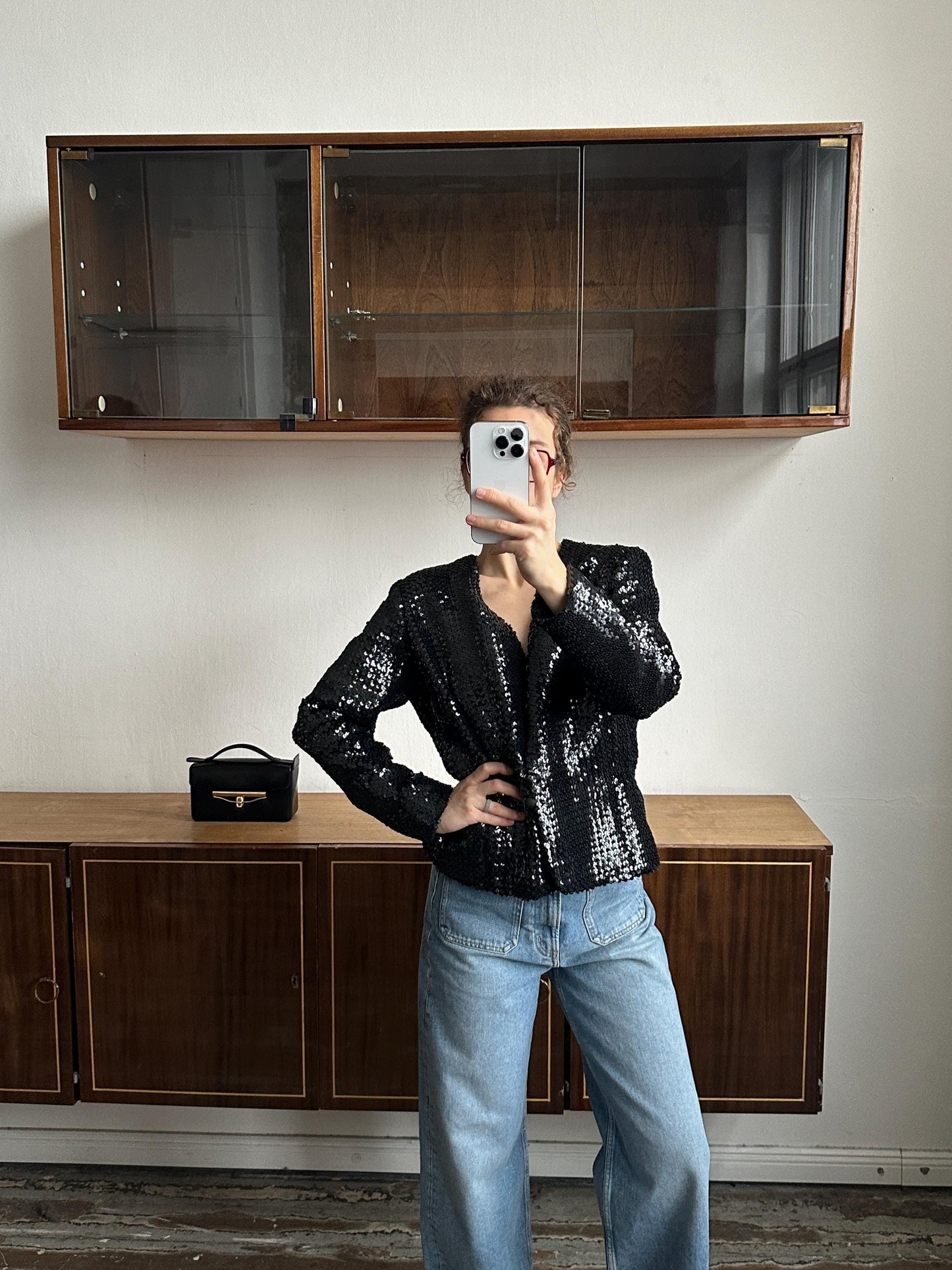 Vintage 90s Sparkle Sequin Party Evening Blazer In Black
