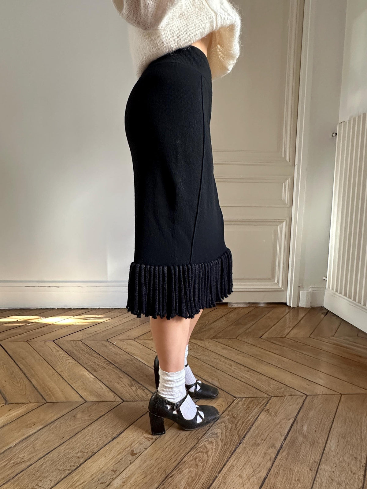 Vintage Sonia Rykiel Knit Skirt Black with Fringe