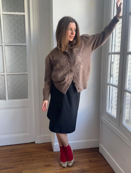 Vintage angora wool cardigan in brown, 80s fuzzy oversized sweater