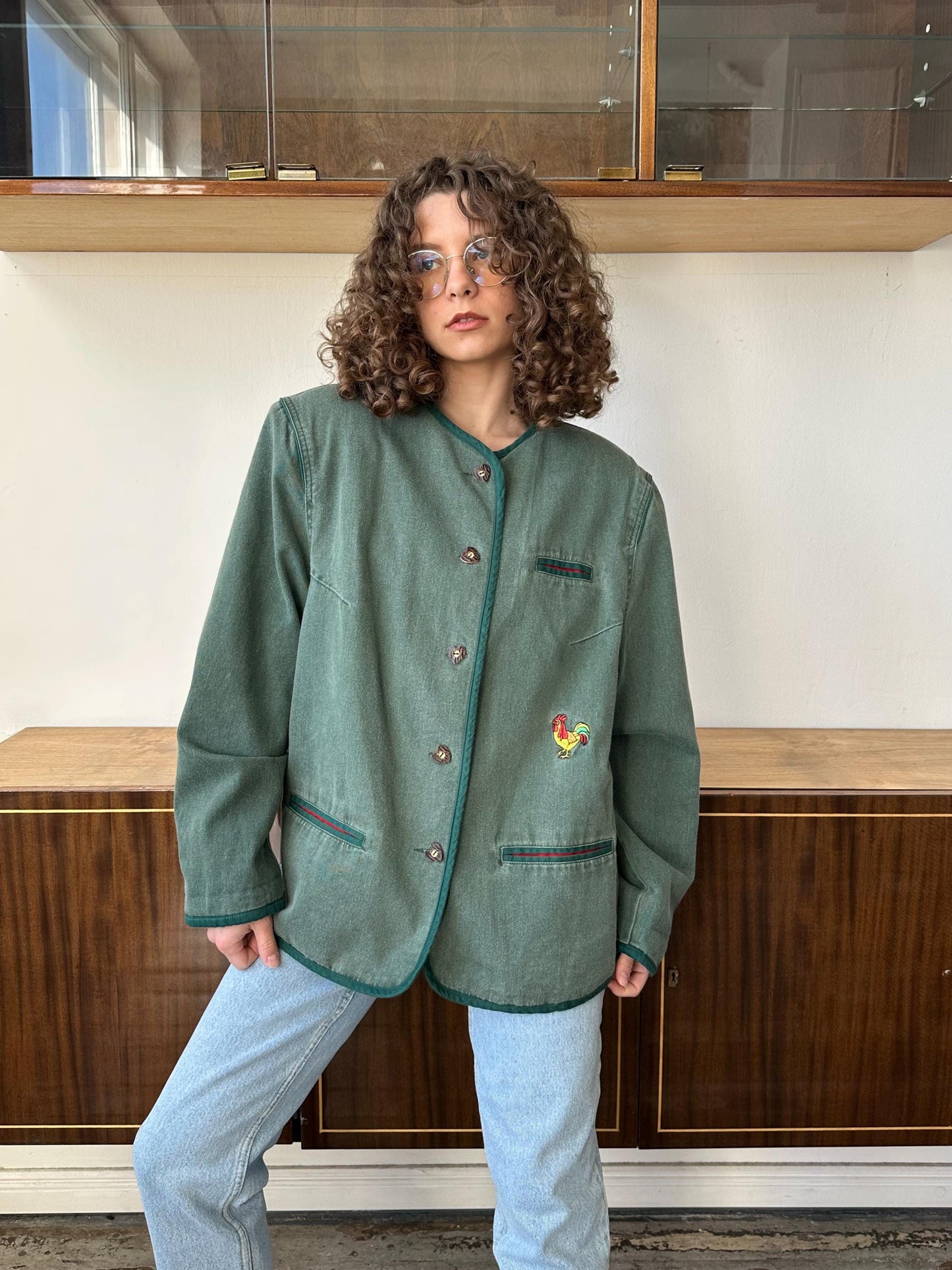 Vintage cotton oversized jacket with cock ebroidery in light green