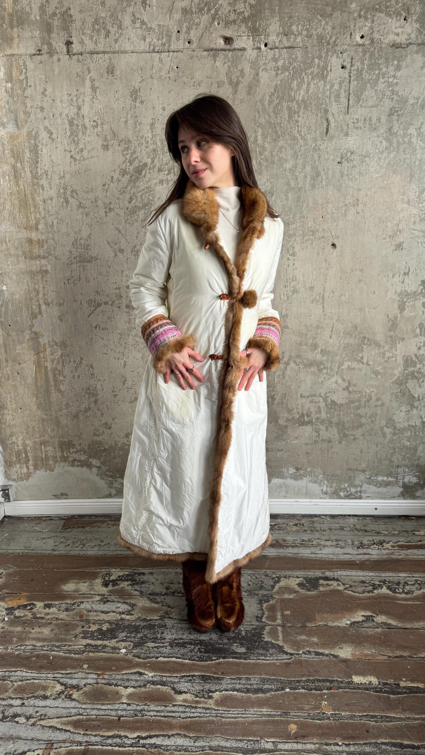 Vintage Ermanno Scervino Ivory Puffer Coat with Fur Trim