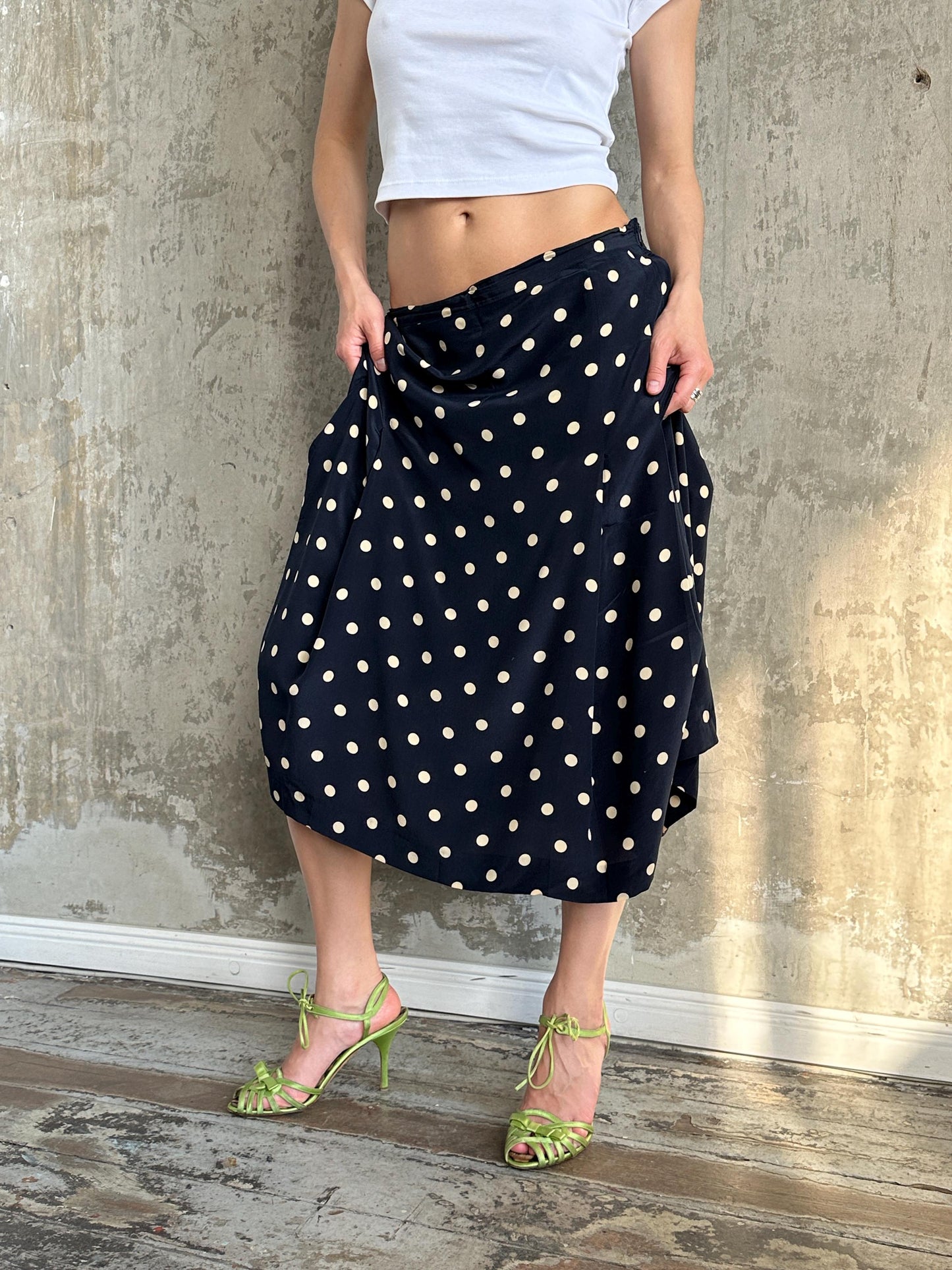 Vintage 90s Italian Silk Polka Dot Maxi Skirt in Black and White