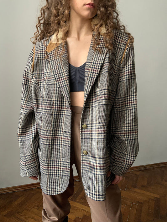 Vintage check wool blazer with fur collar