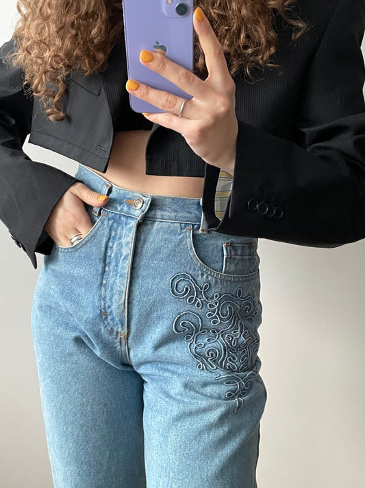 Vintage blue high rise jeans, embroidered jeans