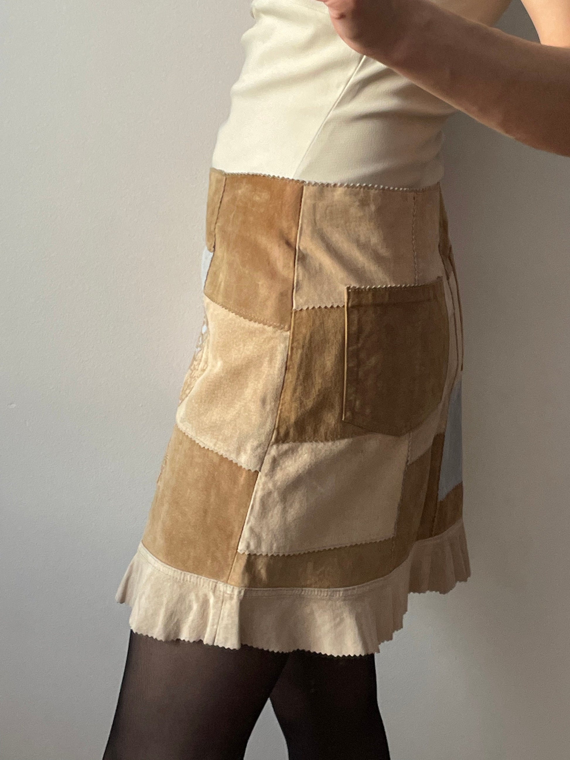 Vintage leather mini skirt with dragoon embroidery, low rise skirt in beige, patchwork suede leather skirt